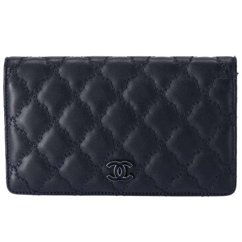 CHANEL Calfskin Double Stitch Hampton Large Bifold Wallet Blue sold by Gaby's Bags