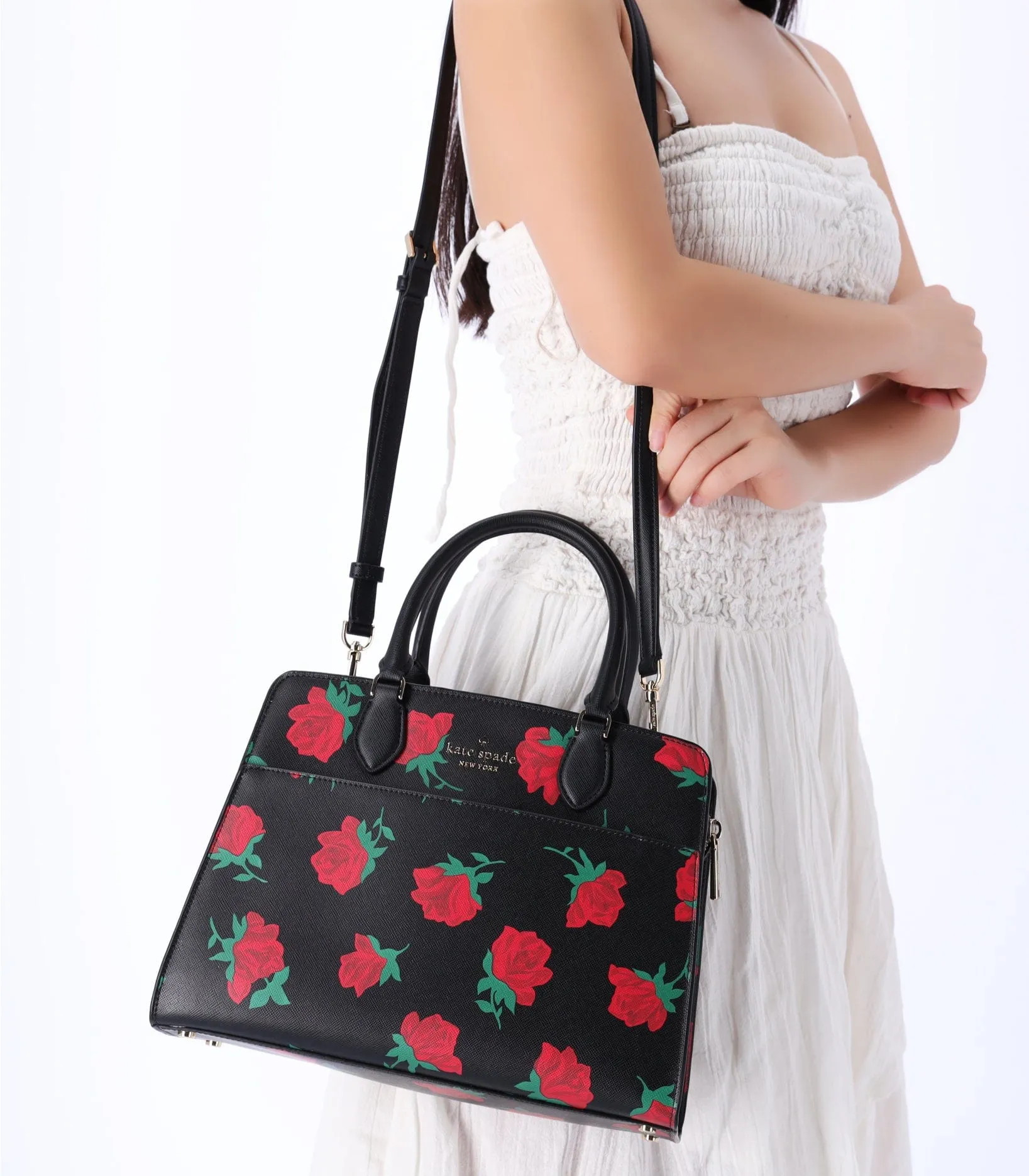 Kate Spade Madison Rose Toss Printed Medium Satchel KE536 Black Red Rose Floral sold by Gaby's Bags