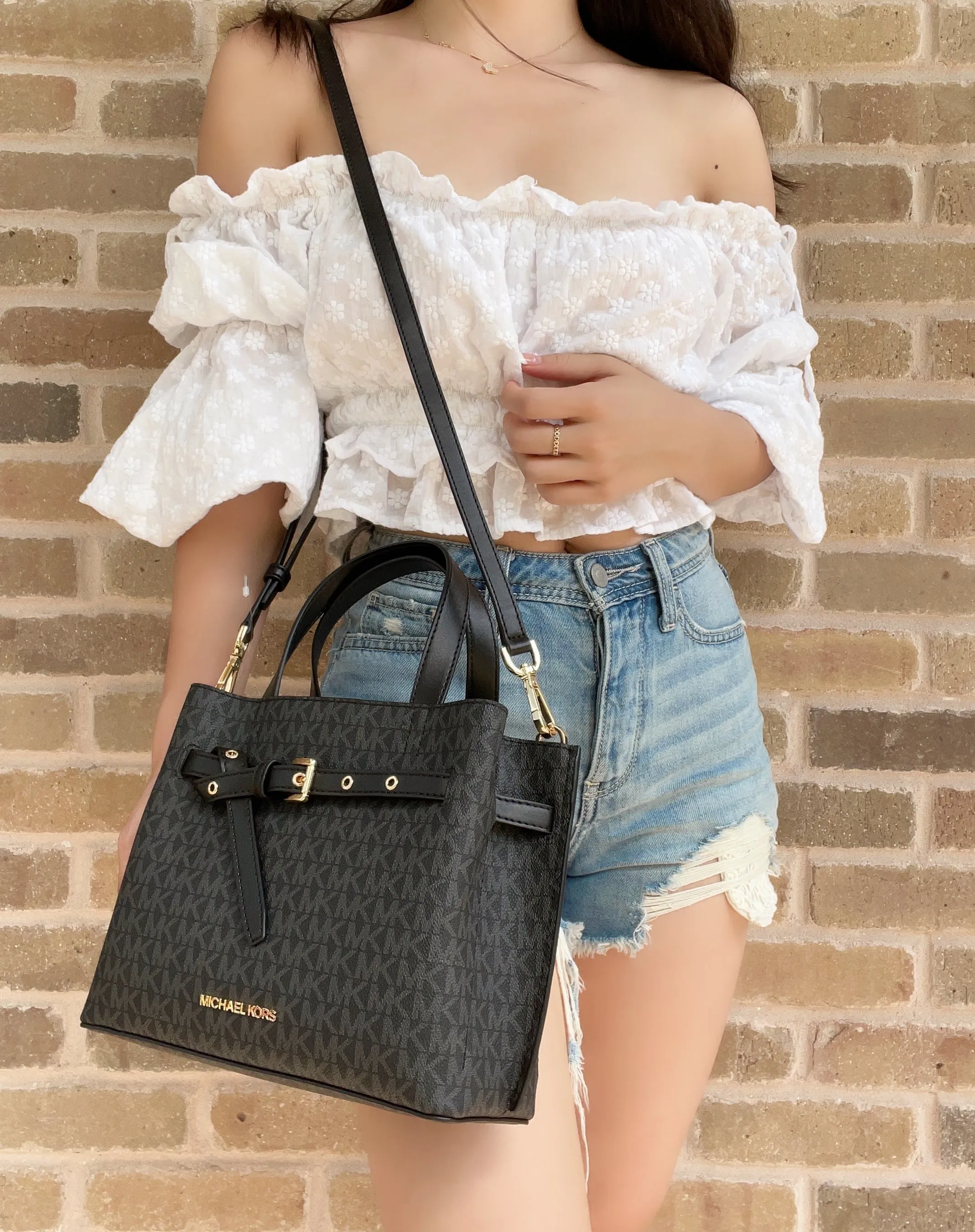 Michael Kors Emilia Small Satchel Crossbody Bag Black MK Signature sold by Gaby's Bags product image thumbnail 3