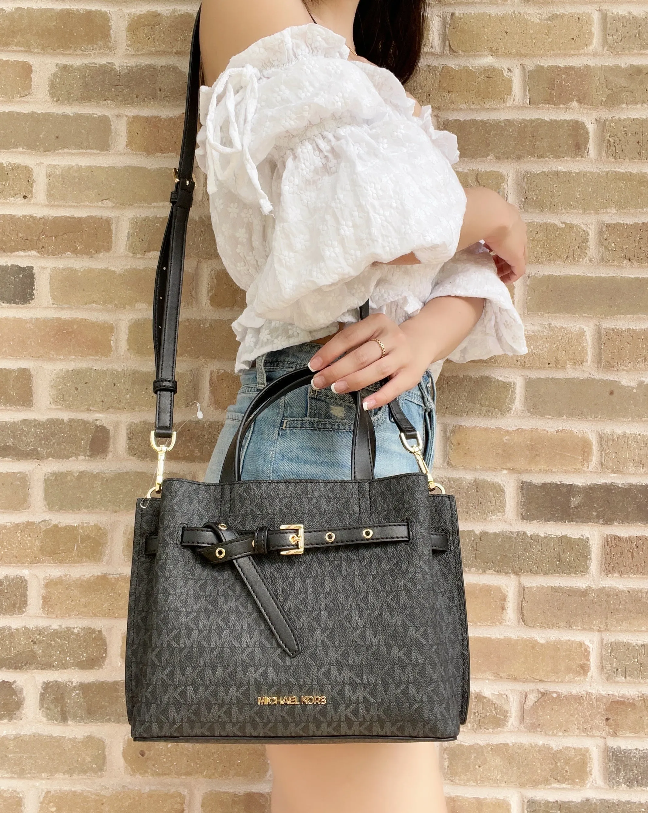 Michael Kors Emilia Small Satchel Crossbody Bag Black MK Signature sold by Gaby's Bags