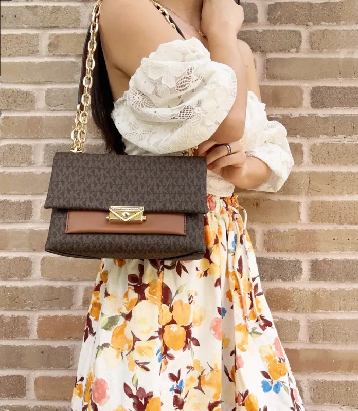 Michael Kors Cece Medium Flap Chain Shoulder Bag Brown MK Signature made by Michael Kors