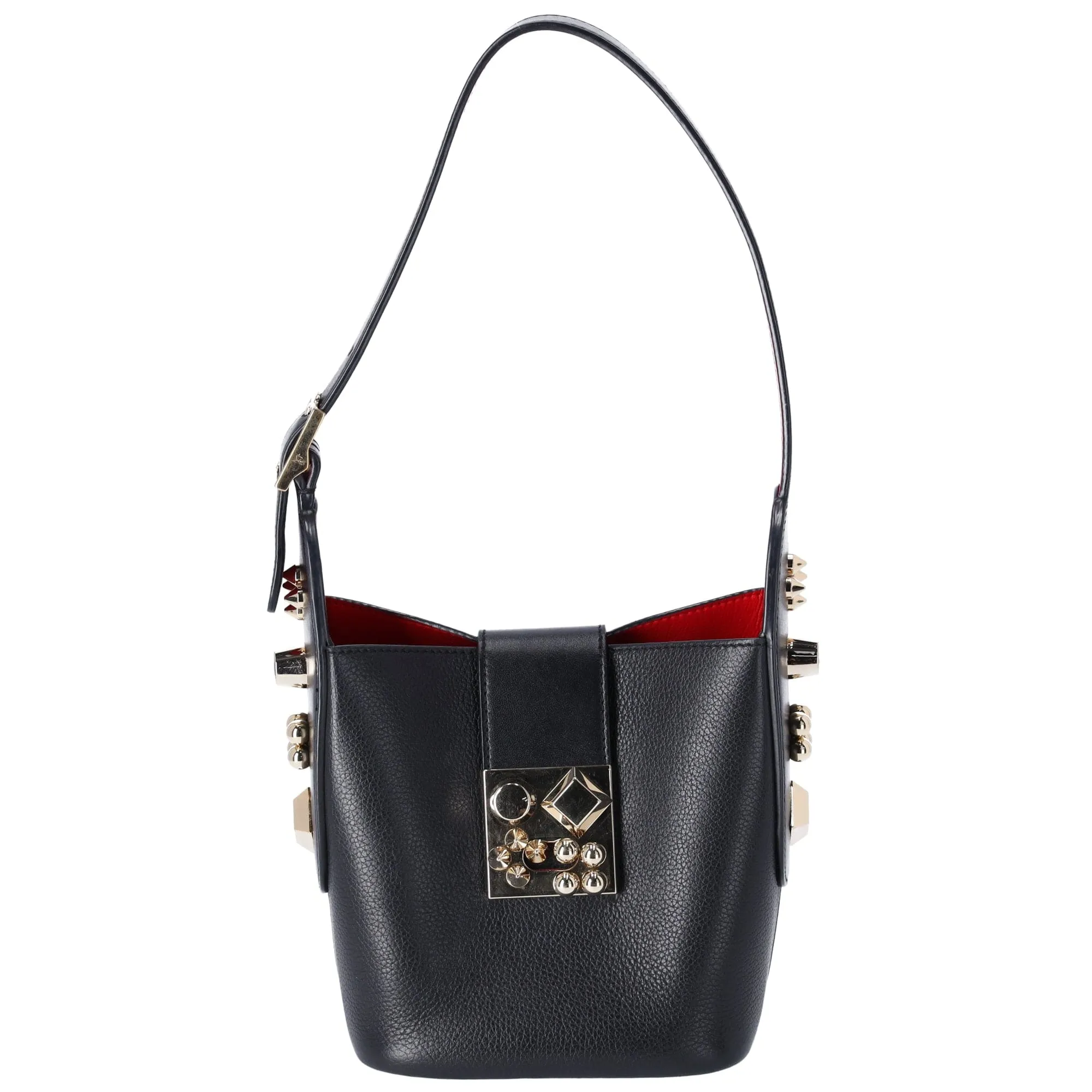 Christian Louboutin Carasky Mini Bucket Bag Grained Leather Spikes Black sold by Gaby's Bags