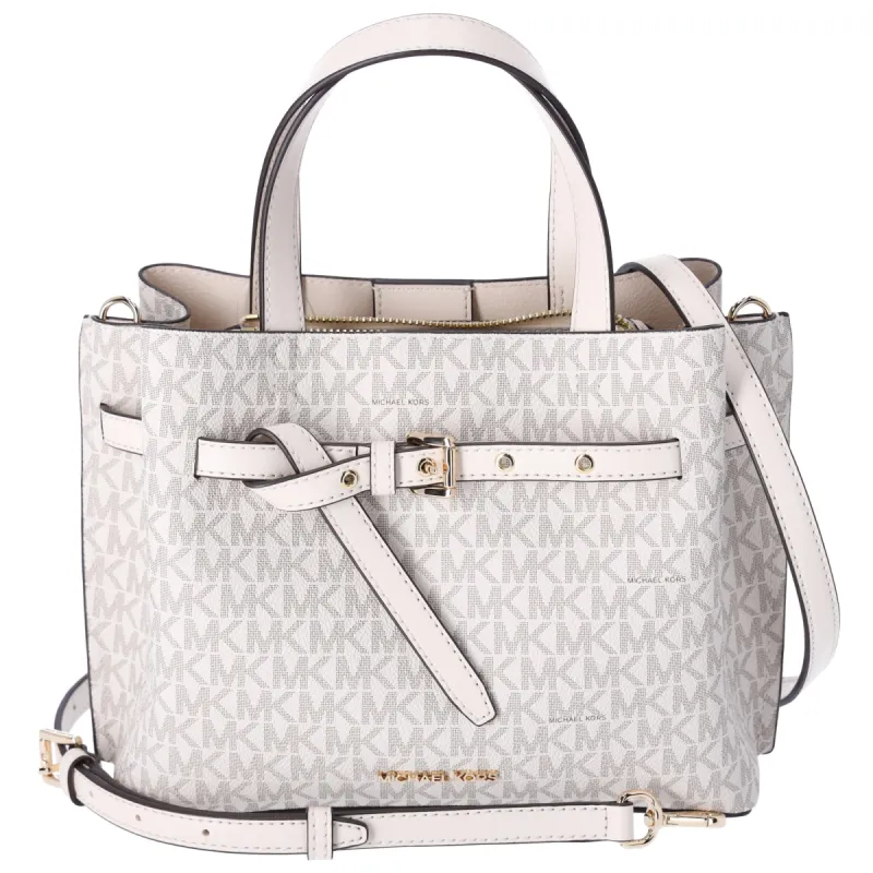 Michael Kors Emilia Small Satchel Crossbody Bag Light Cream MK Signature sold by Gaby's Bags