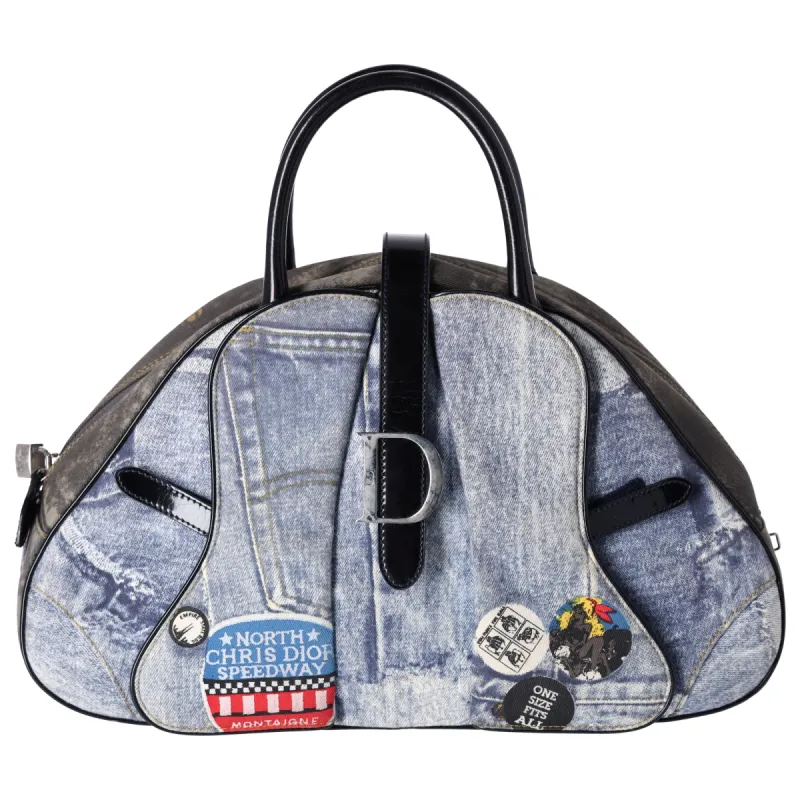 Dior Denim Print Double Saddle Bowler Blue Black Multi Canvas Patent Leather made by Dior