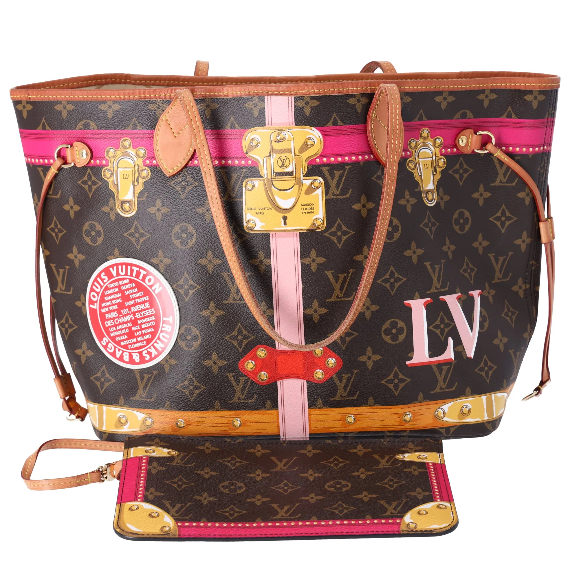 Louis Vuitton Neverfull MM Summer Trunk Monogram Tote Bag M41390 Brown Pink sold by Gaby's Bags