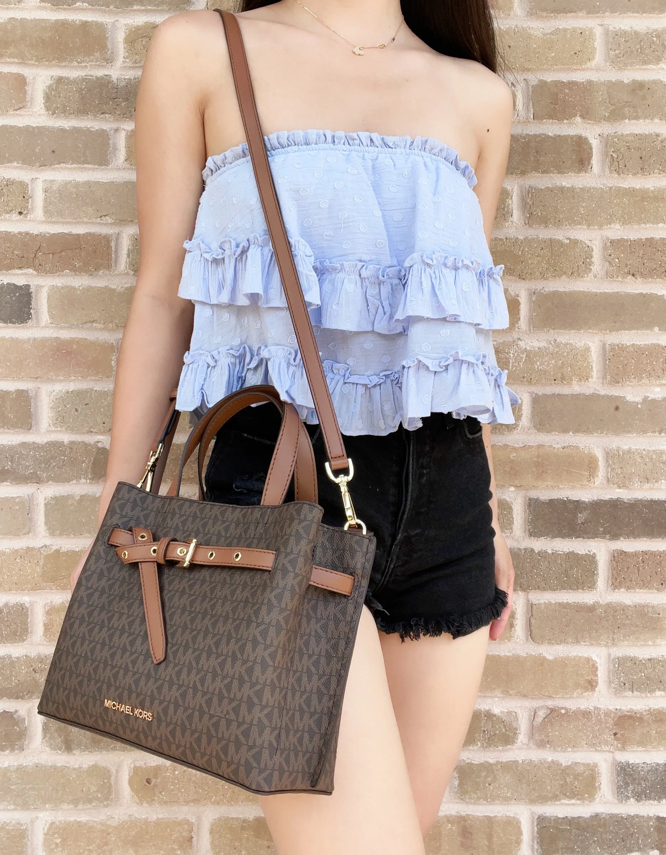 Michael Kors Emilia Small Satchel Crossbody Brown MK + Jet Set Phone Wristlet sold by Gaby's Bags product image thumbnail 4