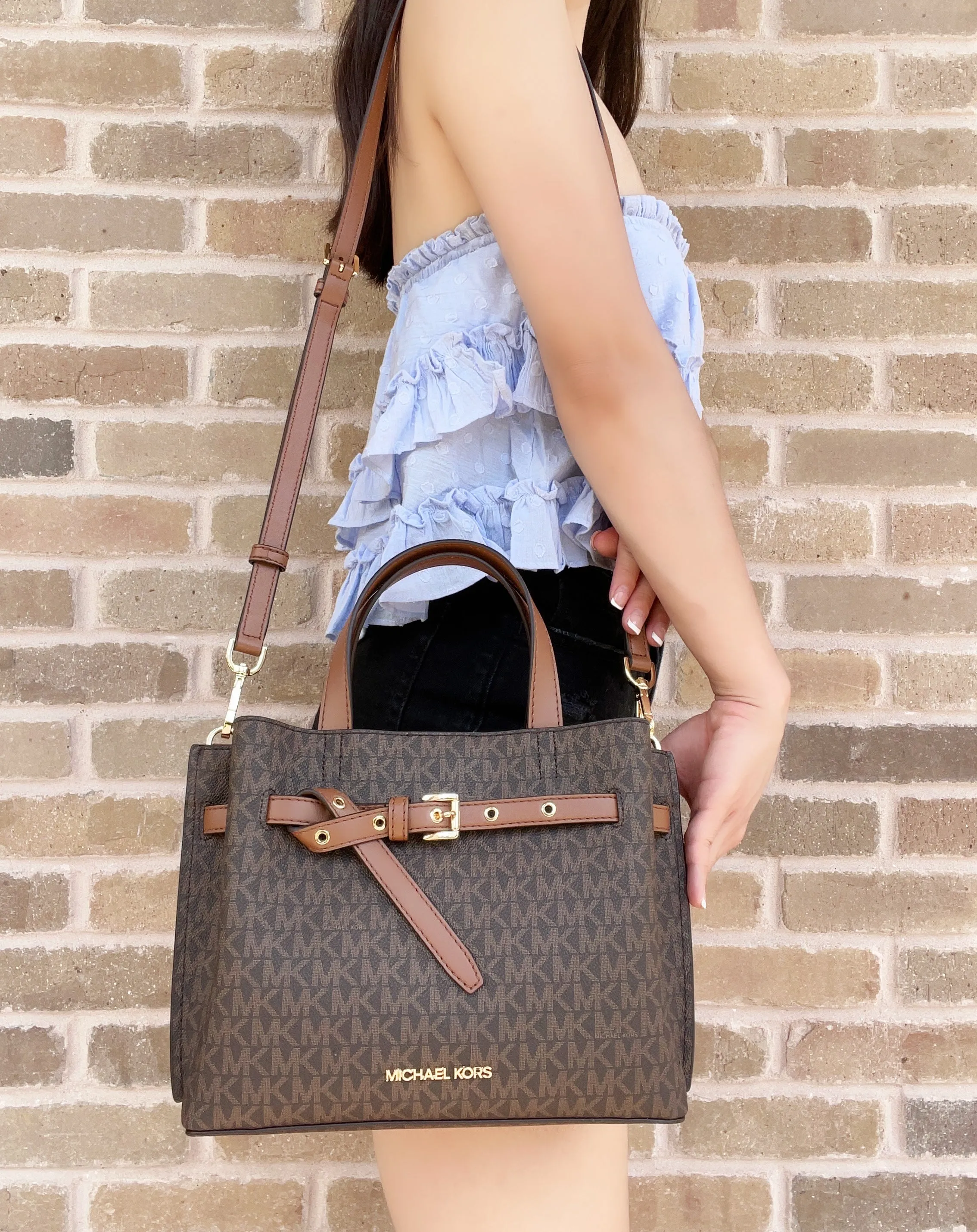 Michael Kors Emilia Small Satchel Crossbody Brown MK + Jet Set Phone Wristlet sold by Gaby's Bags product image thumbnail 5