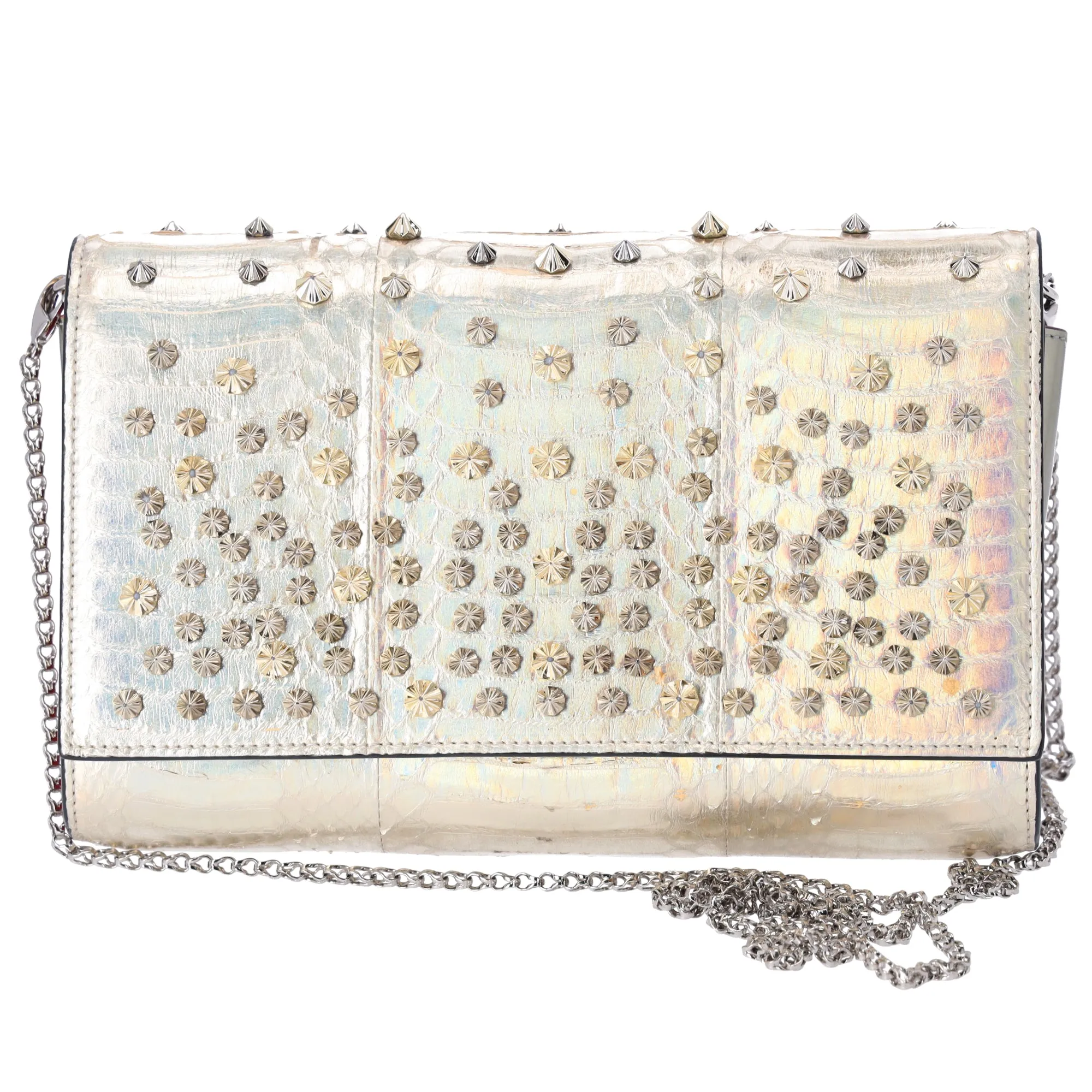 Christian Louboutin Paloma Clutch Crossbody Bag Light Gold Python Studded sold by Gaby's Bags