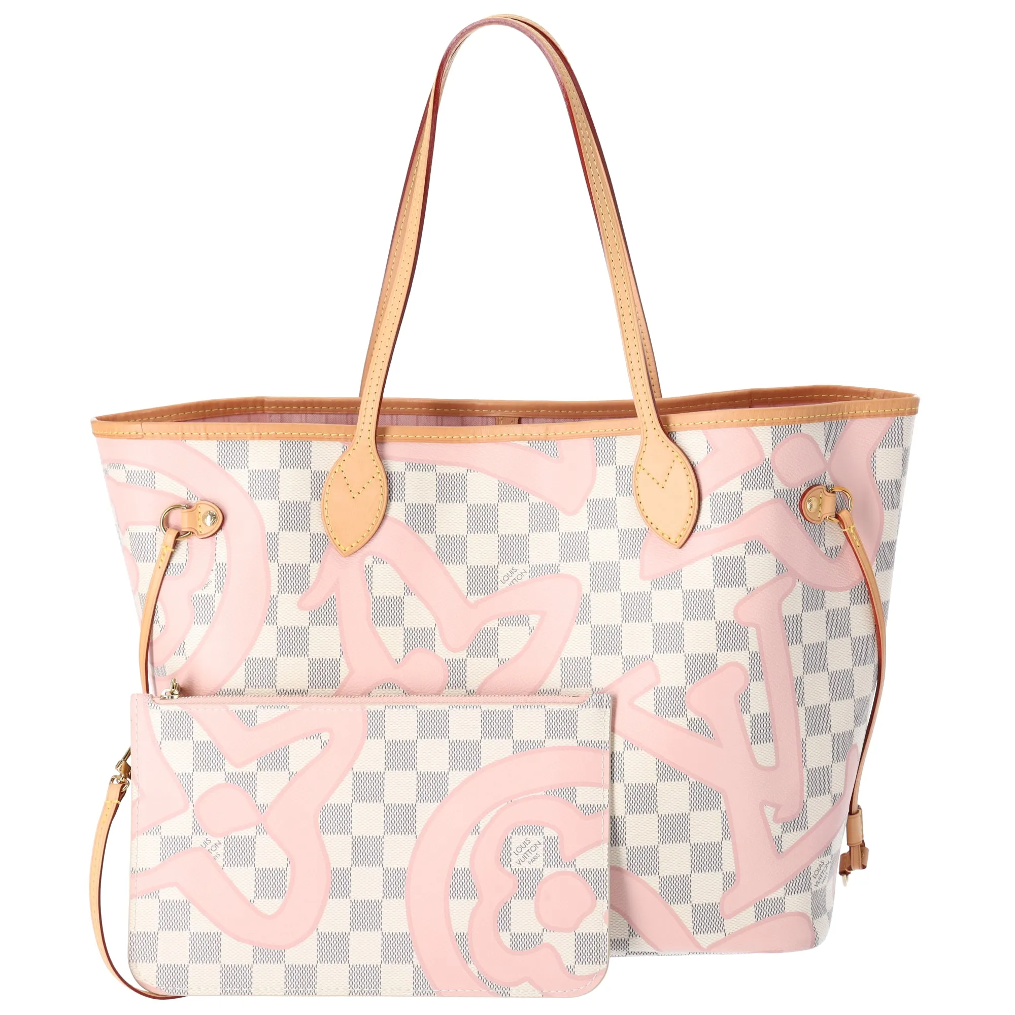 Louis Vuitton Neverfull MM Tote Bag Damier Azur Tahitienne Beige Pink sold by Gaby's Bags
