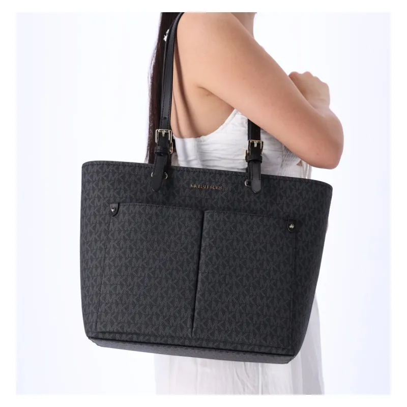 Michael Kors Jet Set Travel Medium Double Pocket Tote Vegan Leather Black MK sold by Gaby's Bags