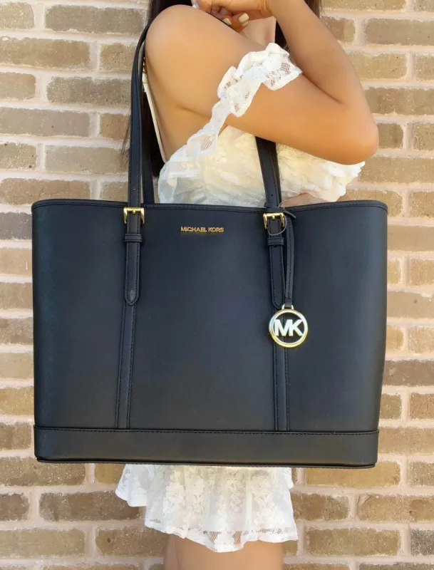 Michael Kors JetSet Travel Sady Large LaptopTote TopZip Black Leather sold by Gaby's Bags