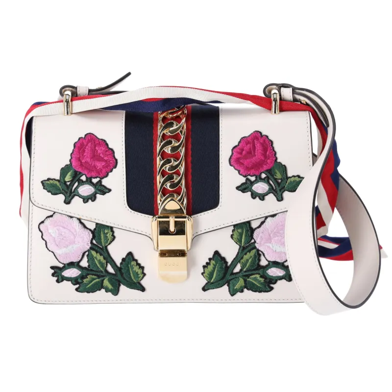 GUCCI Sylvie Shoulder Bag 421882 White Pink Multi Leather Floral Embroidery made by Gucci