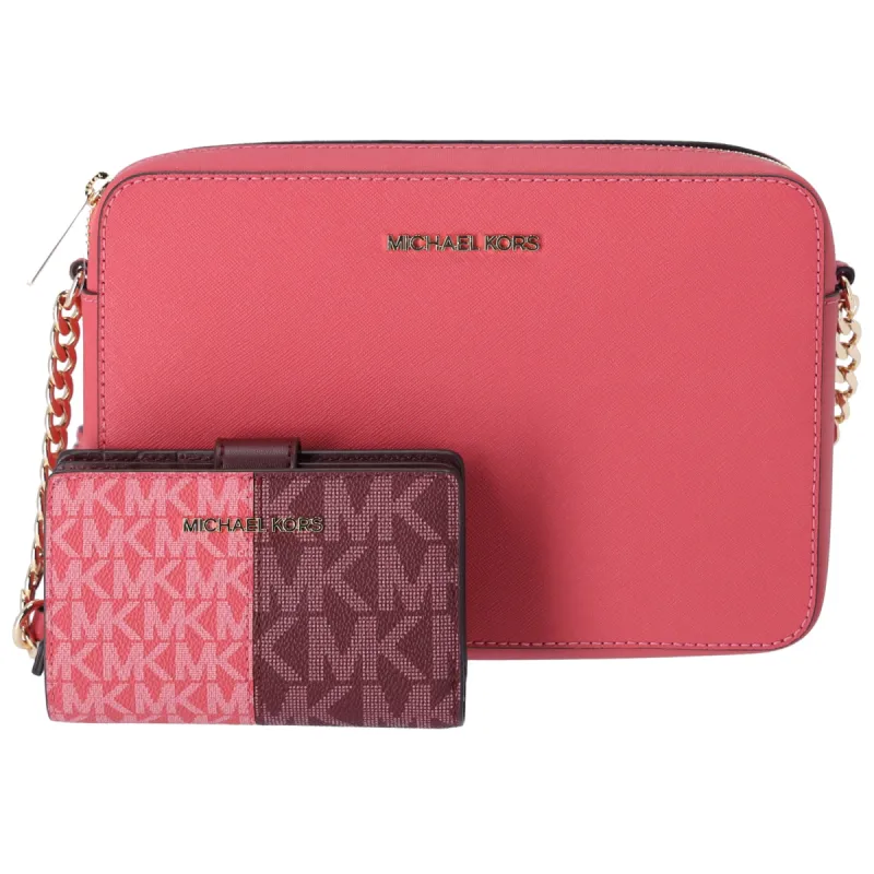 Michael Kors Jet Set Large Crossbody Light Berry Sorbet Pink + Oxblood Wallet sold by Gaby's Bags