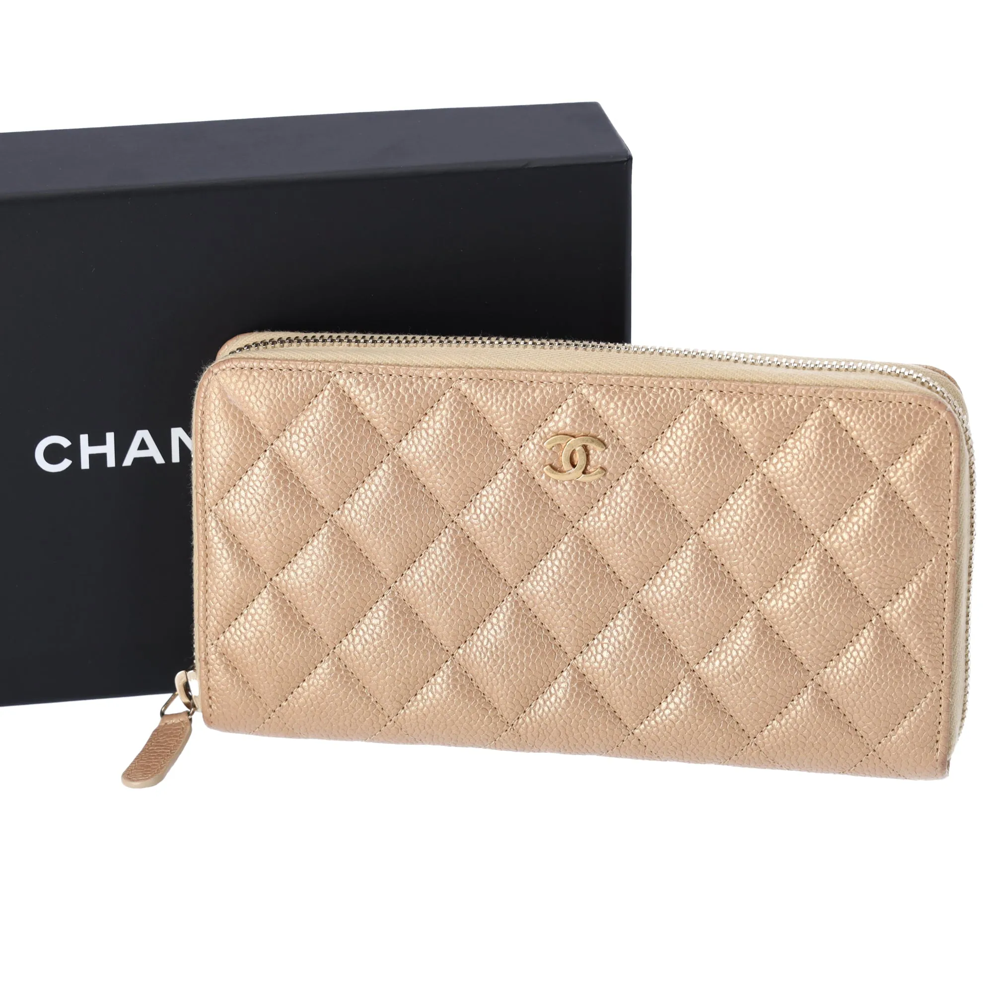 CHANEL Matelasse Classic Quilted Long Zip Around Wallet Gold Caviar Leather sold by Gaby's Bags