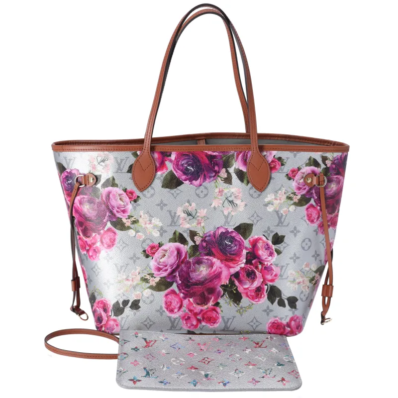 Louis Vuitton Neverfull MM Garden Collection Tote Bag Silver Monogram Floral sold by Gaby's Bags