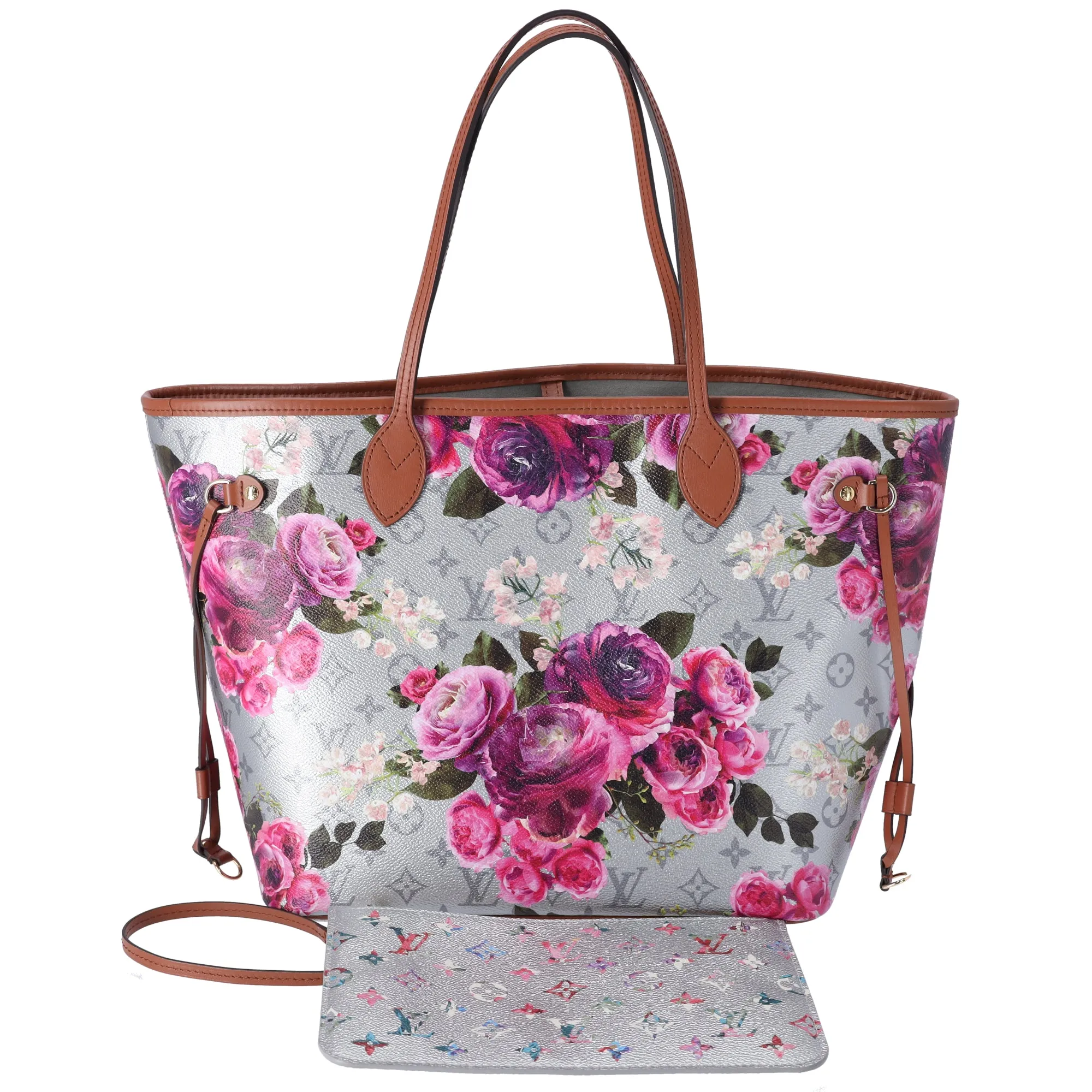 Louis Vuitton Neverfull MM Garden Collection Tote Bag Silver Monogram Floral sold by Gaby's Bags