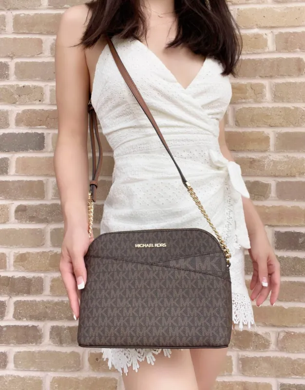 Michael Kors Jet Set Travel Dome Crossbody Bag Medium PVC Logo Signature Brown sold by Gaby's Bags