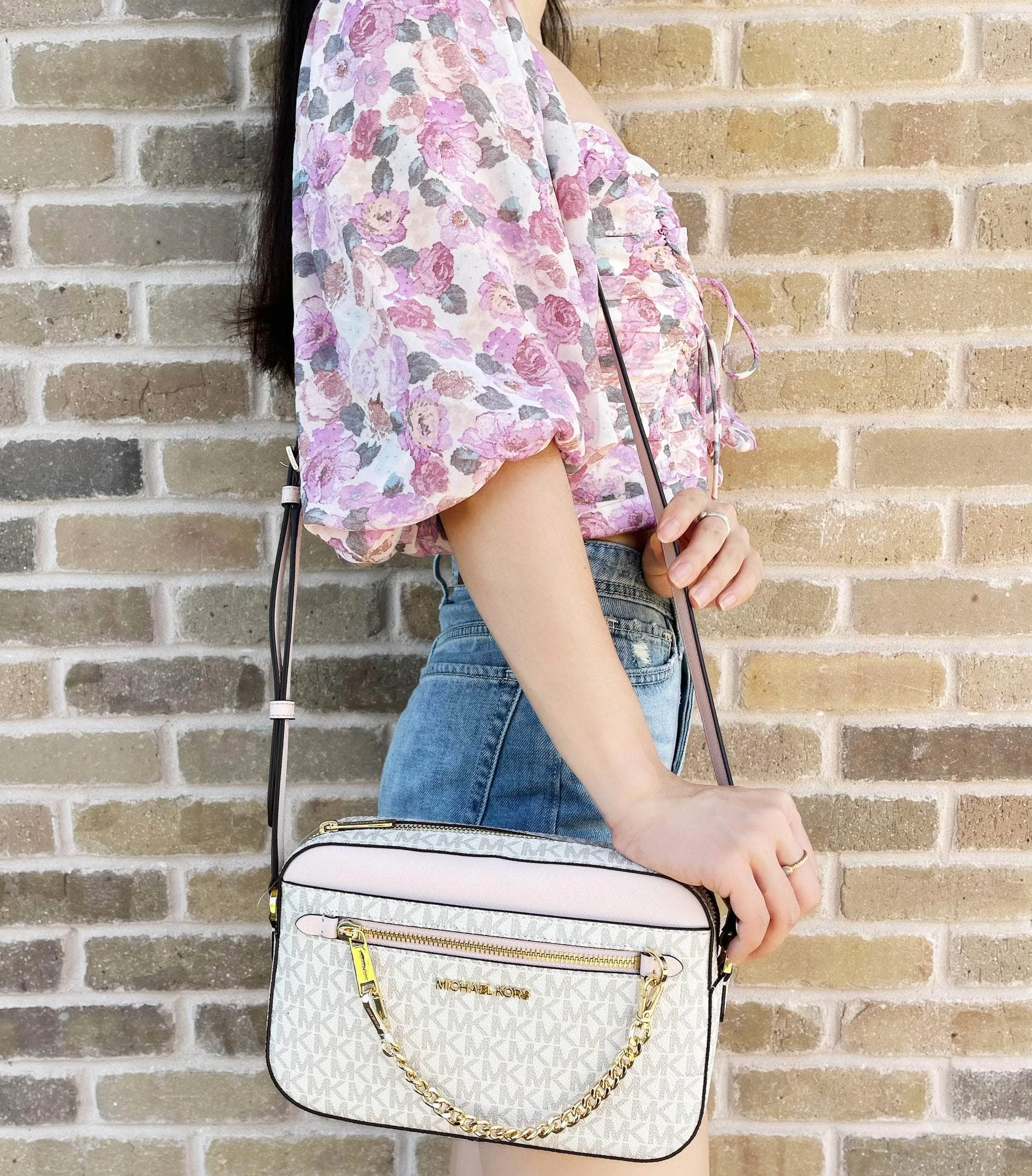 Michael Kors Jet Set East West Chain Crossbody Vanilla MK Powder Blush Pink sold by Gaby's Bags