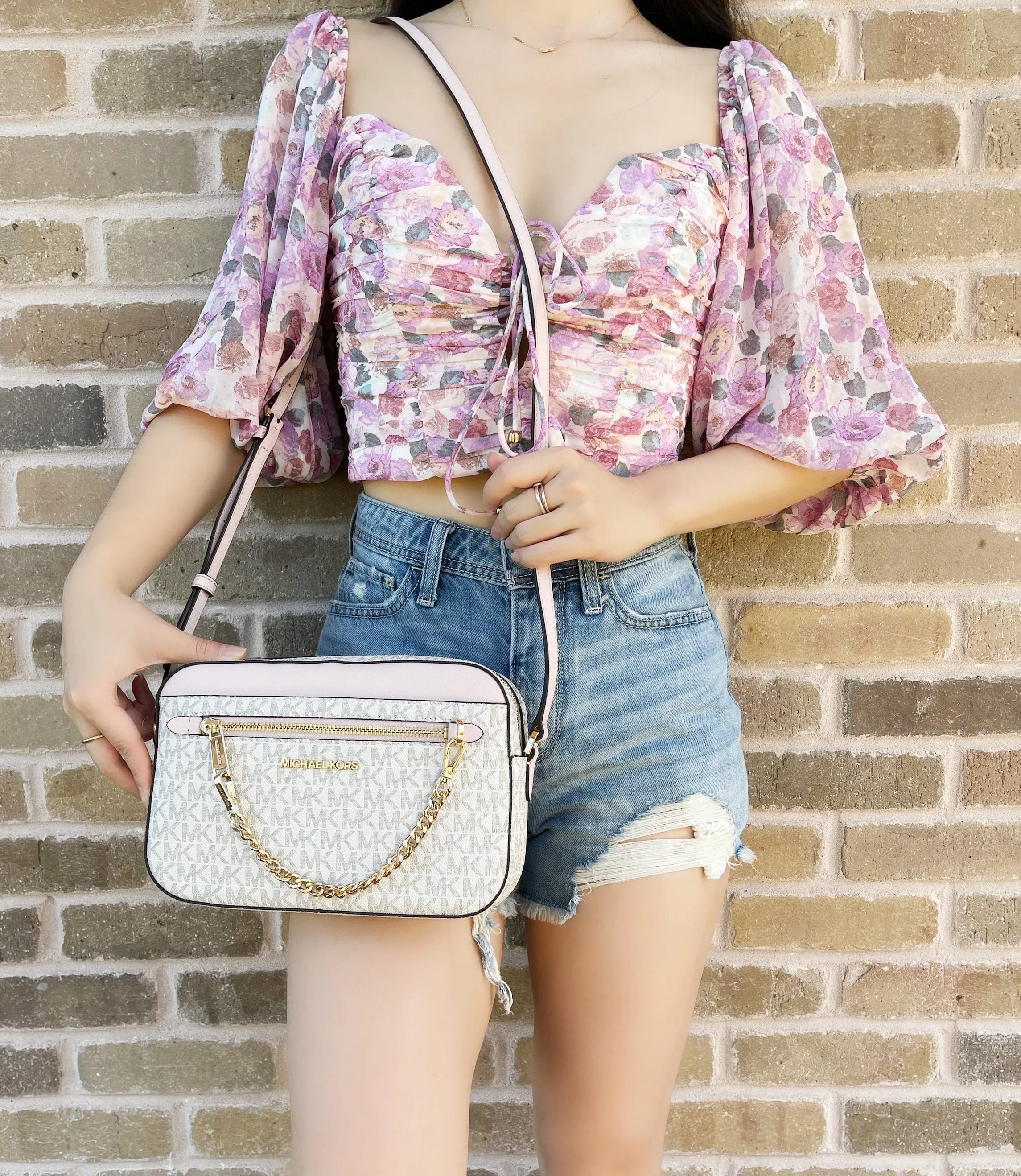 Michael Kors Jet Set East West Chain Crossbody Vanilla MK Powder Blush Pink sold by Gaby's Bags product image thumbnail 3