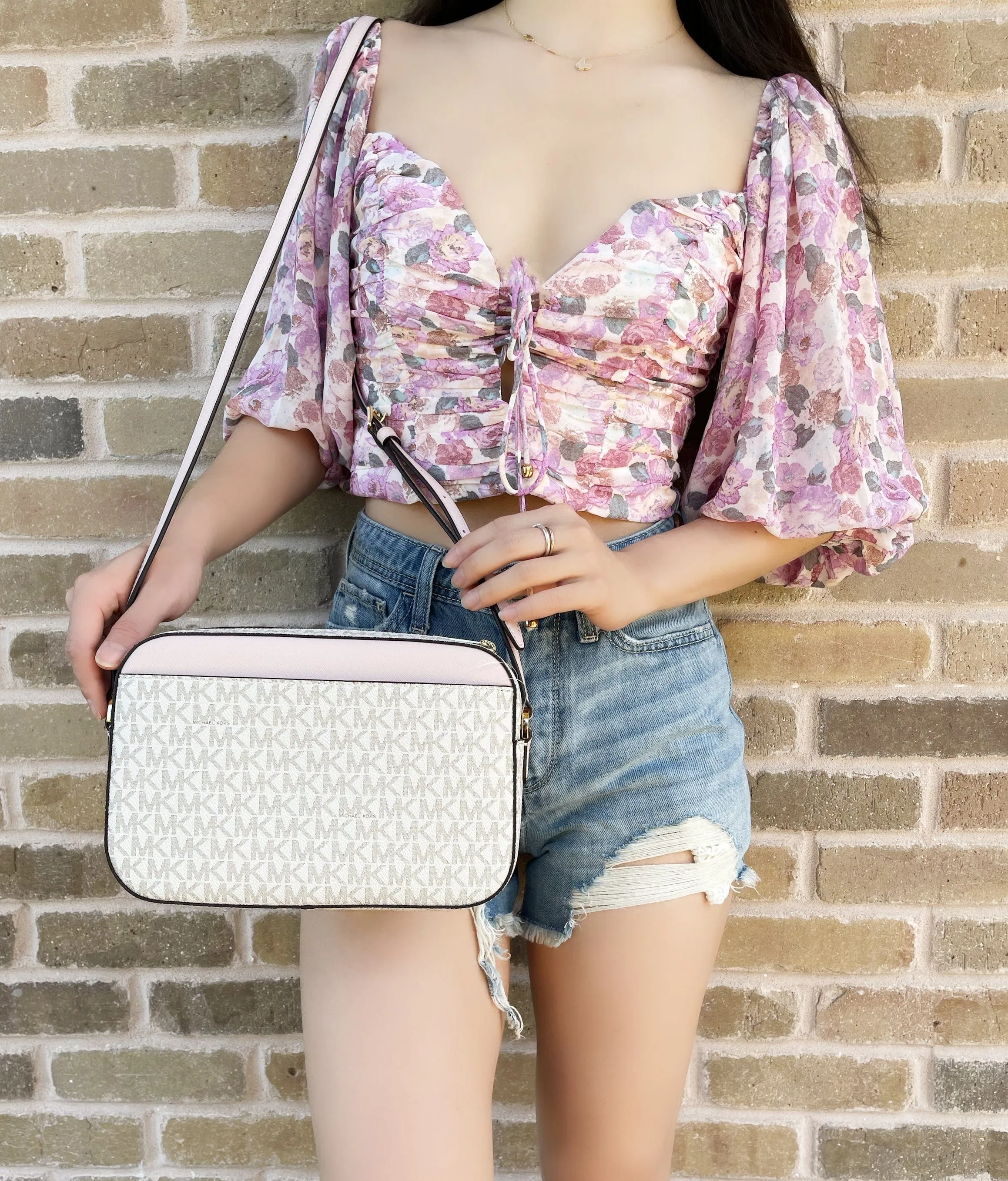 Michael Kors Jet Set East West Chain Crossbody Vanilla MK Powder Blush Pink sold by Gaby's Bags product image thumbnail 2