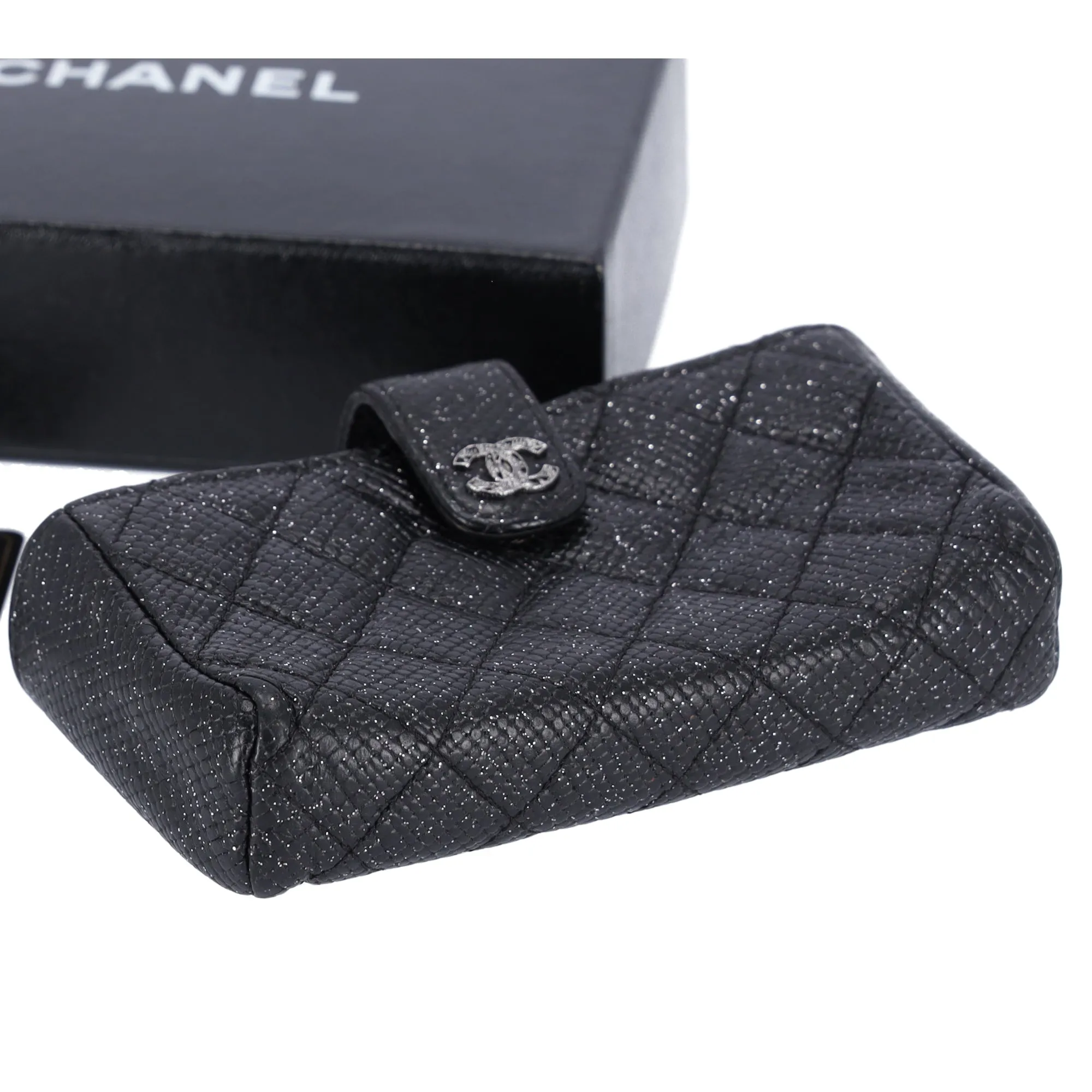 CHANEL Glitter Calfskin Quilted Mini Phone Holder Wallet Clutch Black sold by Gaby's Bags product image thumbnail 5