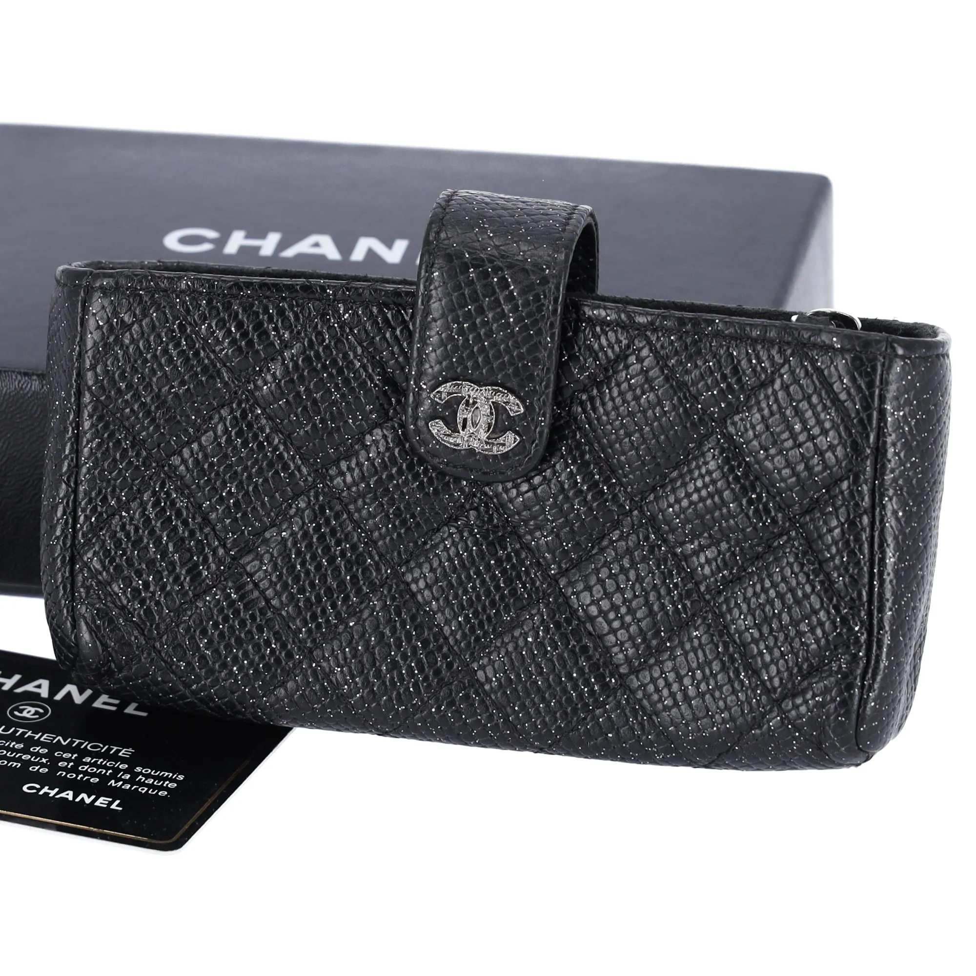 CHANEL Glitter Calfskin Quilted Mini Phone Holder Wallet Clutch Black sold by Gaby's Bags product image thumbnail 2