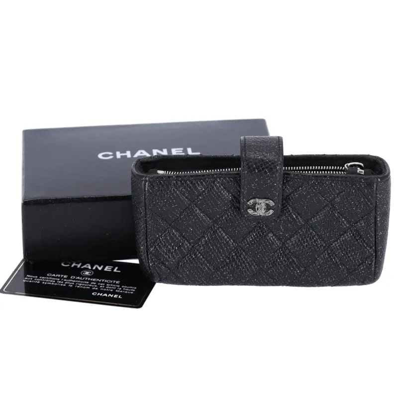 CHANEL Glitter Calfskin Quilted Mini Phone Holder Wallet Clutch Black sold by Gaby's Bags