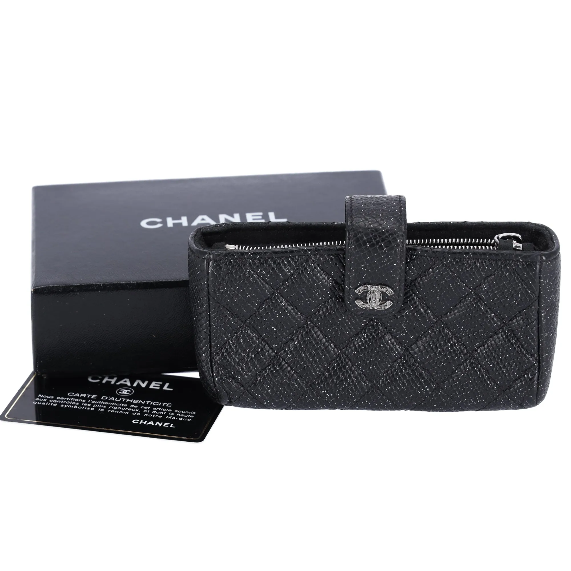 CHANEL Glitter Calfskin Quilted Mini Phone Holder Wallet Clutch Black sold by Gaby's Bags