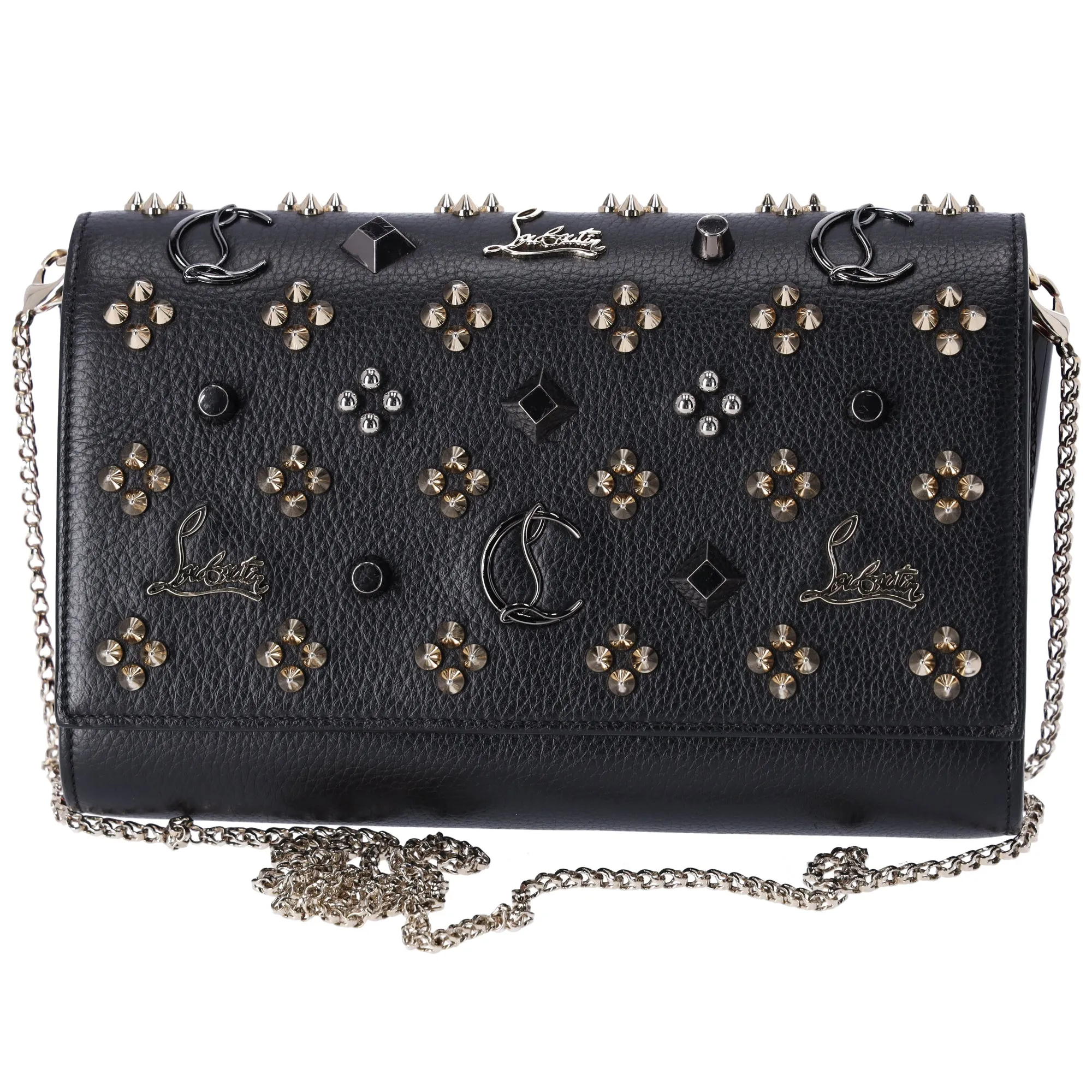 Christian Louboutin Paloma Clutch Bag Black Gold Silver Leather Patent Leather sold by Gaby's Bags