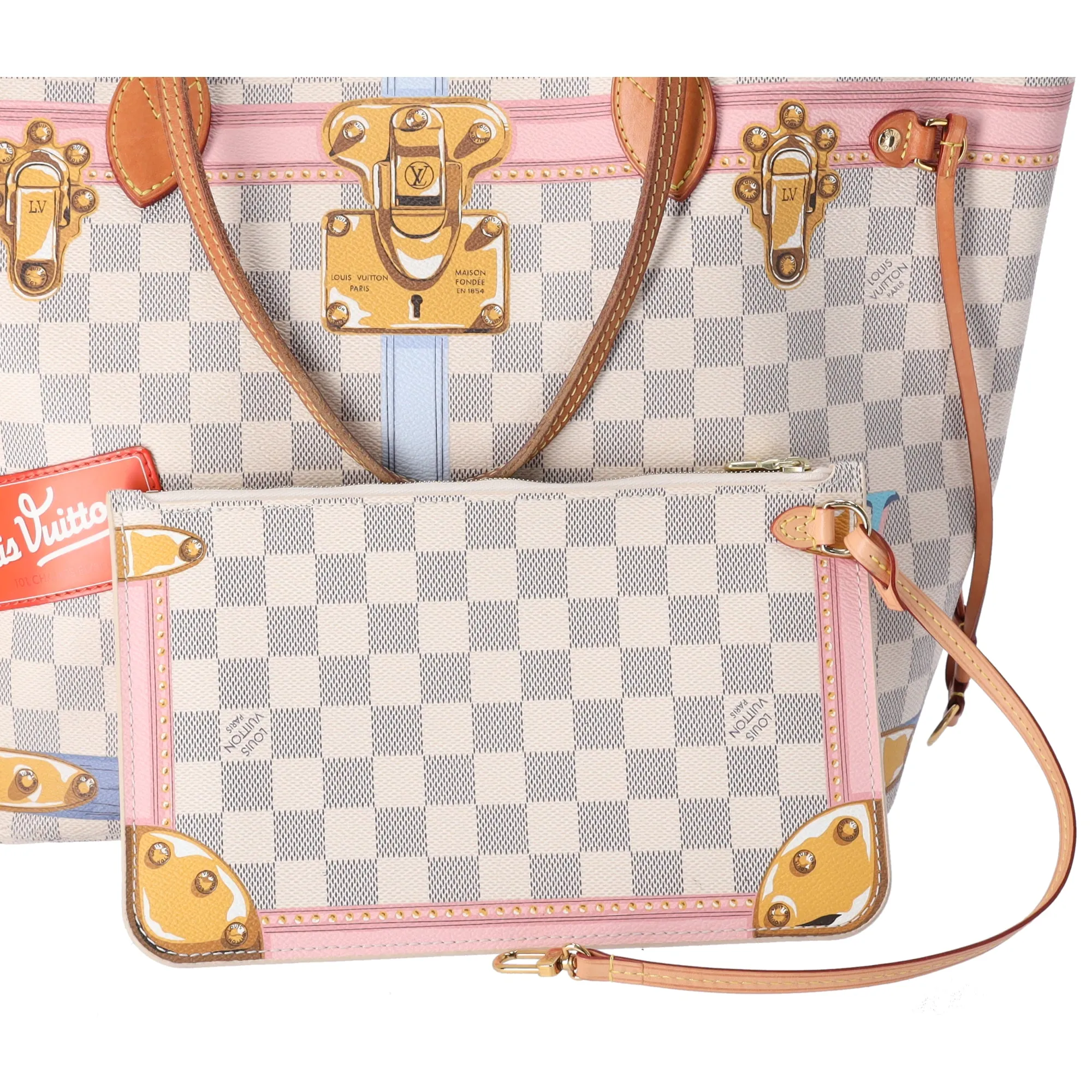 Louis Vuitton Neverfull MM Summer Trunk Damier Azur Tote Bag N41065 + Pouch sold by Gaby's Bags product image thumbnail 3