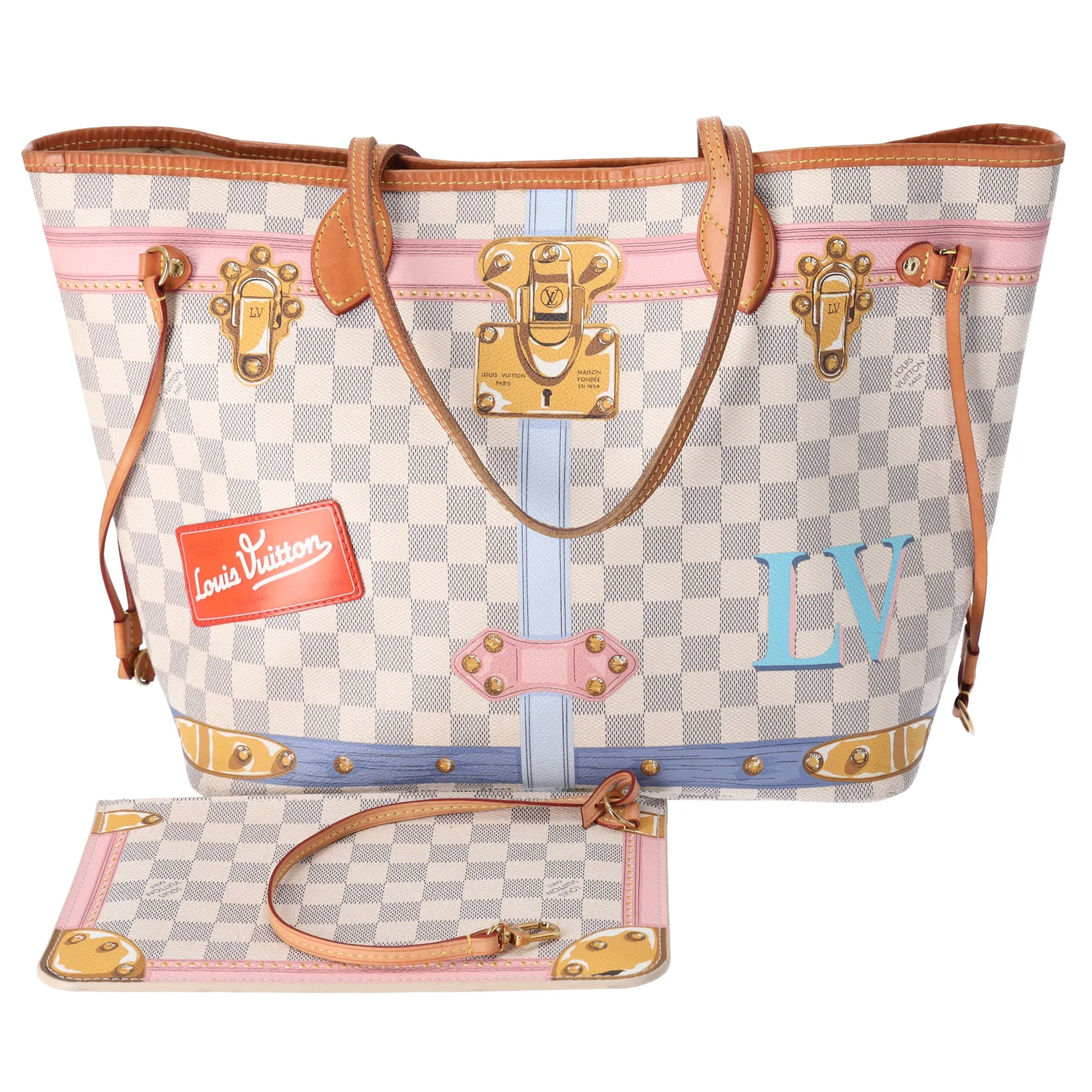 Louis Vuitton Neverfull MM Summer Trunk Damier Azur Tote Bag N41065 + Pouch sold by Gaby's Bags