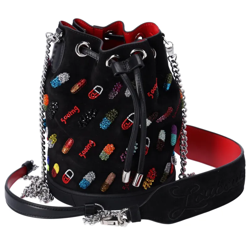 Christian Louboutin Marie Jane Bucket Handbag Black Red Multi Nubuck Leather sold by Gaby's Bags