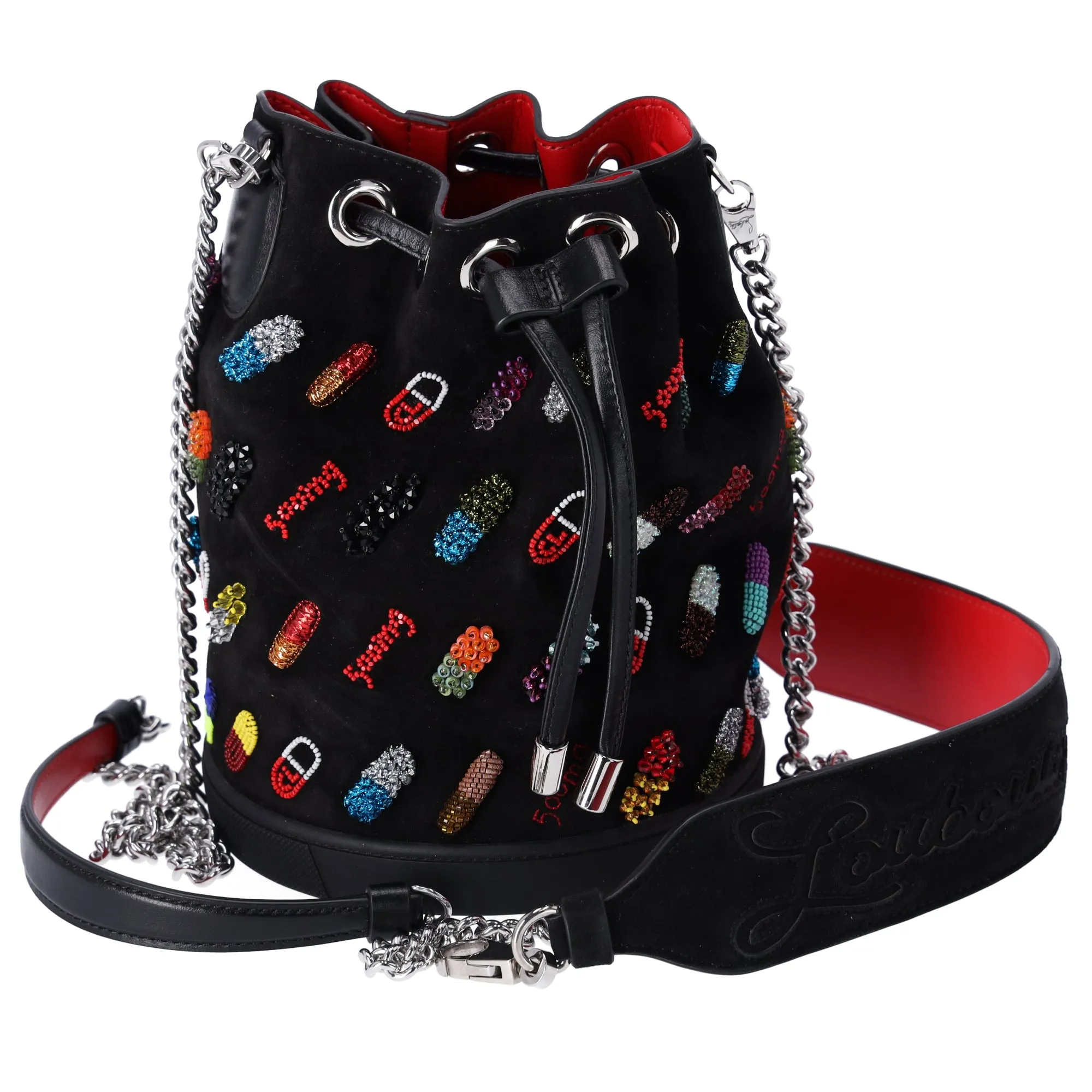 Christian Louboutin Marie Jane Bucket Handbag Black Red Multi Nubuck Leather sold by Gaby's Bags