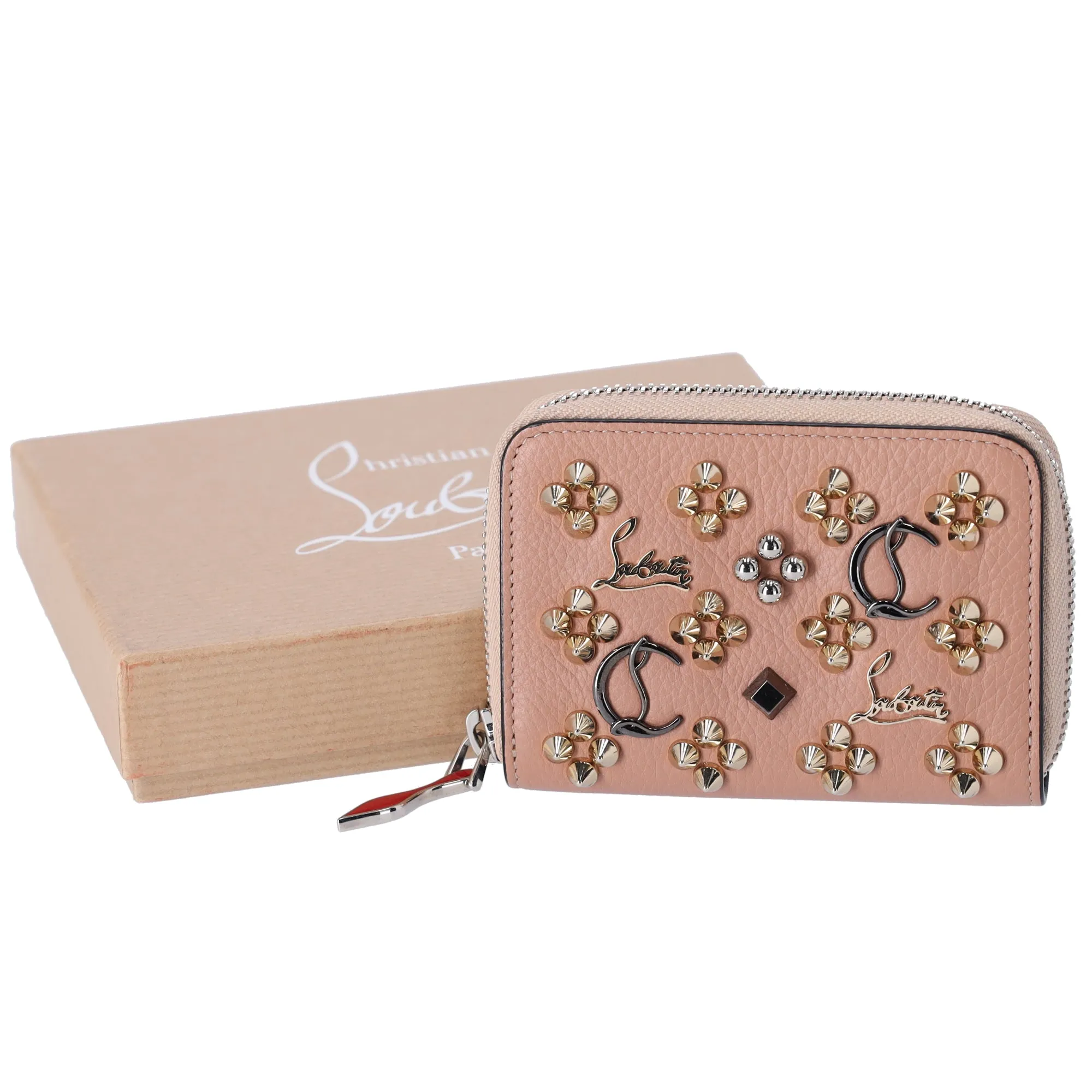 Christian Louboutin Panettone Coin Case 3175223 Beige Gold Leather Studs sold by Gaby's Bags