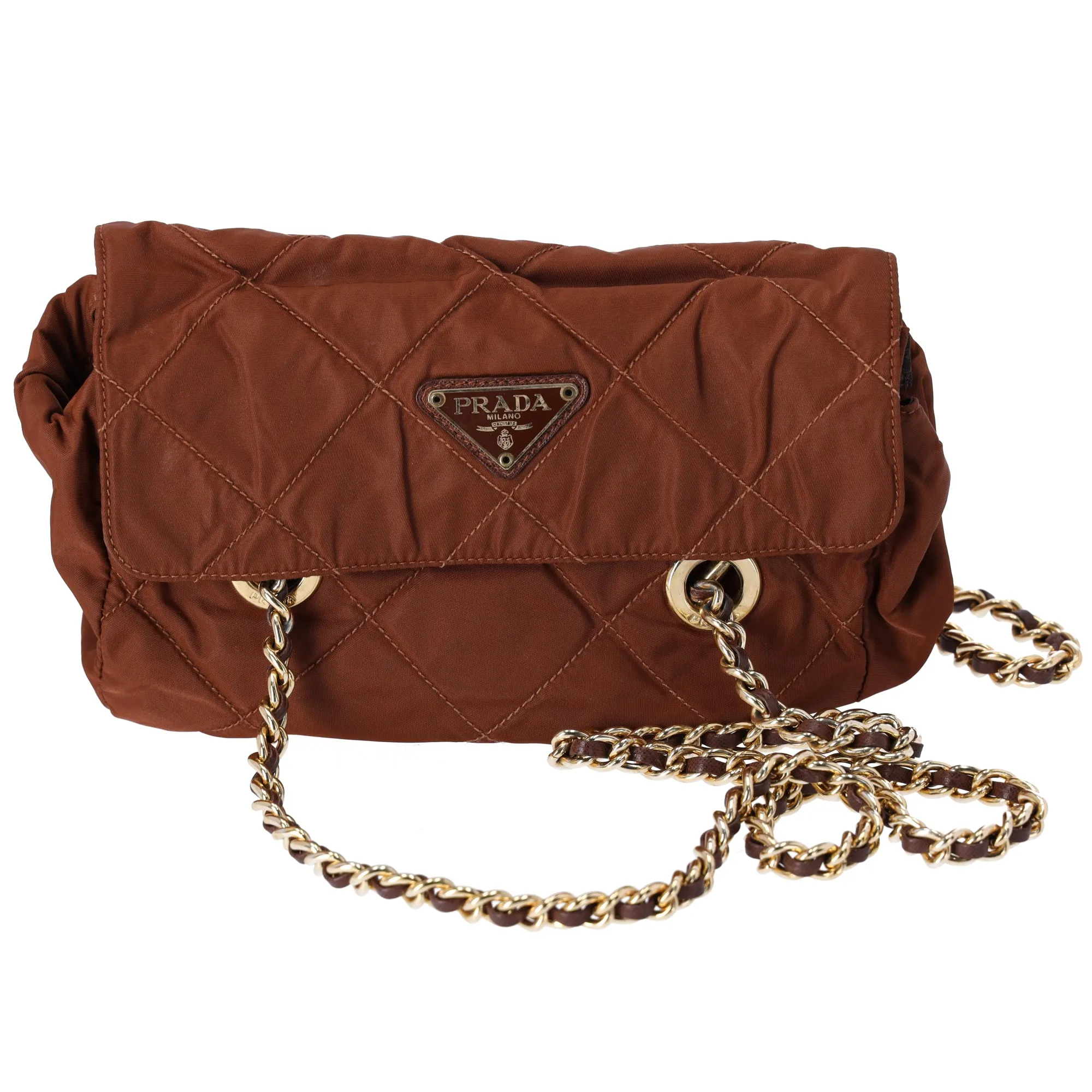 Prada Small Flap Shoulder Bag Quilted Nylon Brown sold by Gaby's Bags