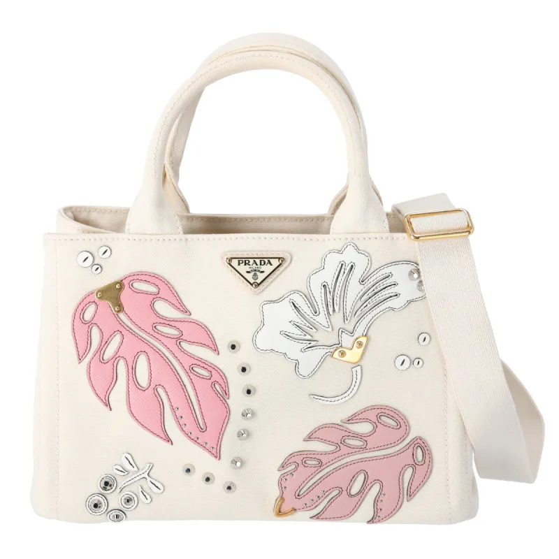 PRADA Canapa Hawaii Tote Bag 1BG439 Cream Pink Canvas Leaves sold by Gaby's Bags