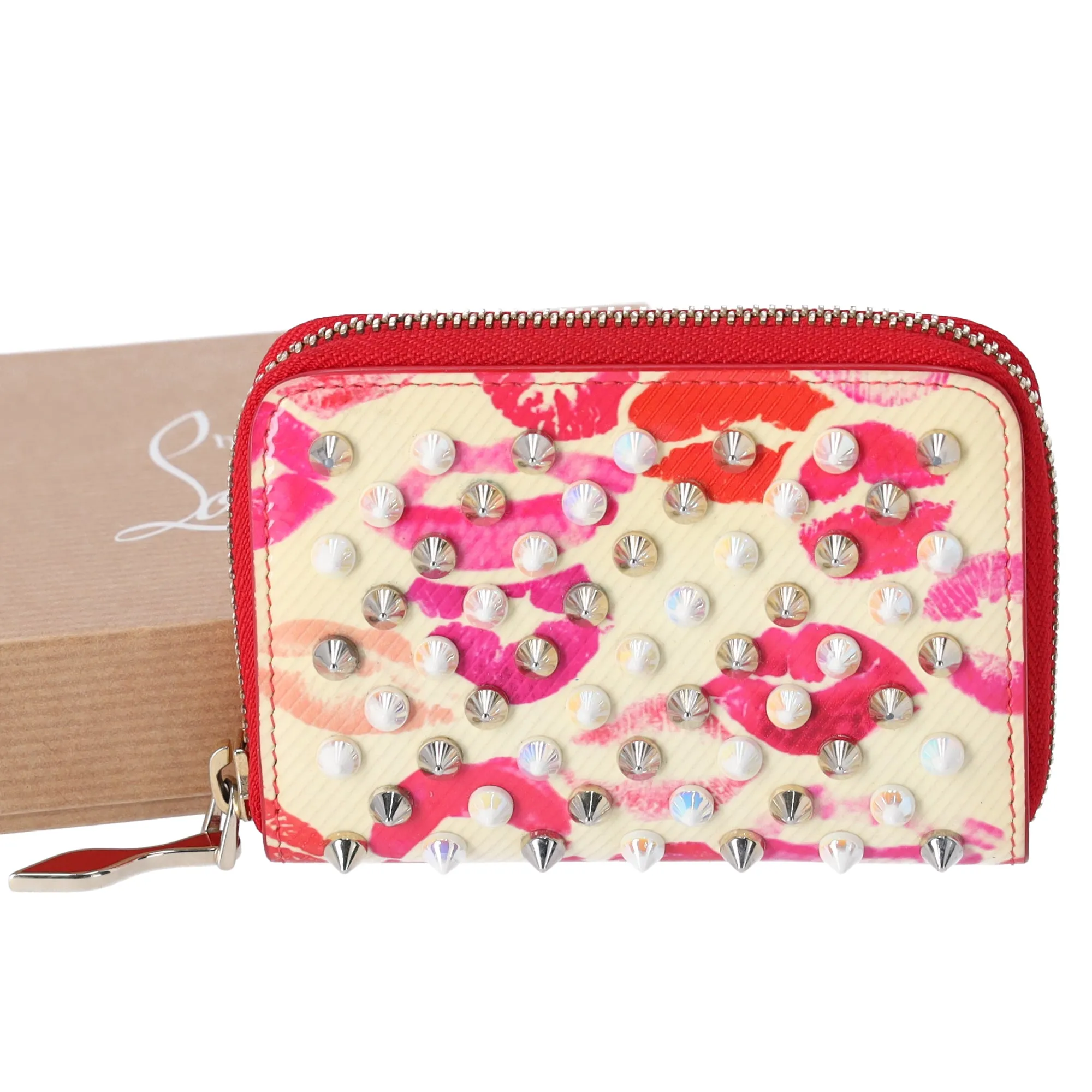 Christian Louboutin Spiked Coin Case Light Yellow Red Multi Patent Leather sold by Gaby's Bags