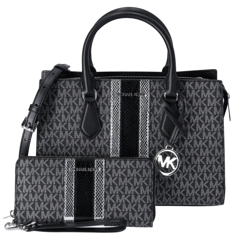 Michael Kors Sheila Medium Satchel Signature MK Metallic Black + Wallet sold by Gaby's Bags