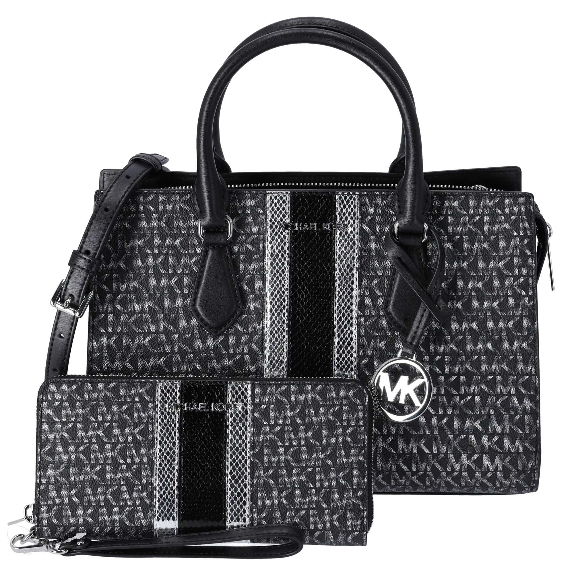 Michael Kors Sheila Medium Satchel Signature MK Metallic Black + Wallet sold by Gaby's Bags