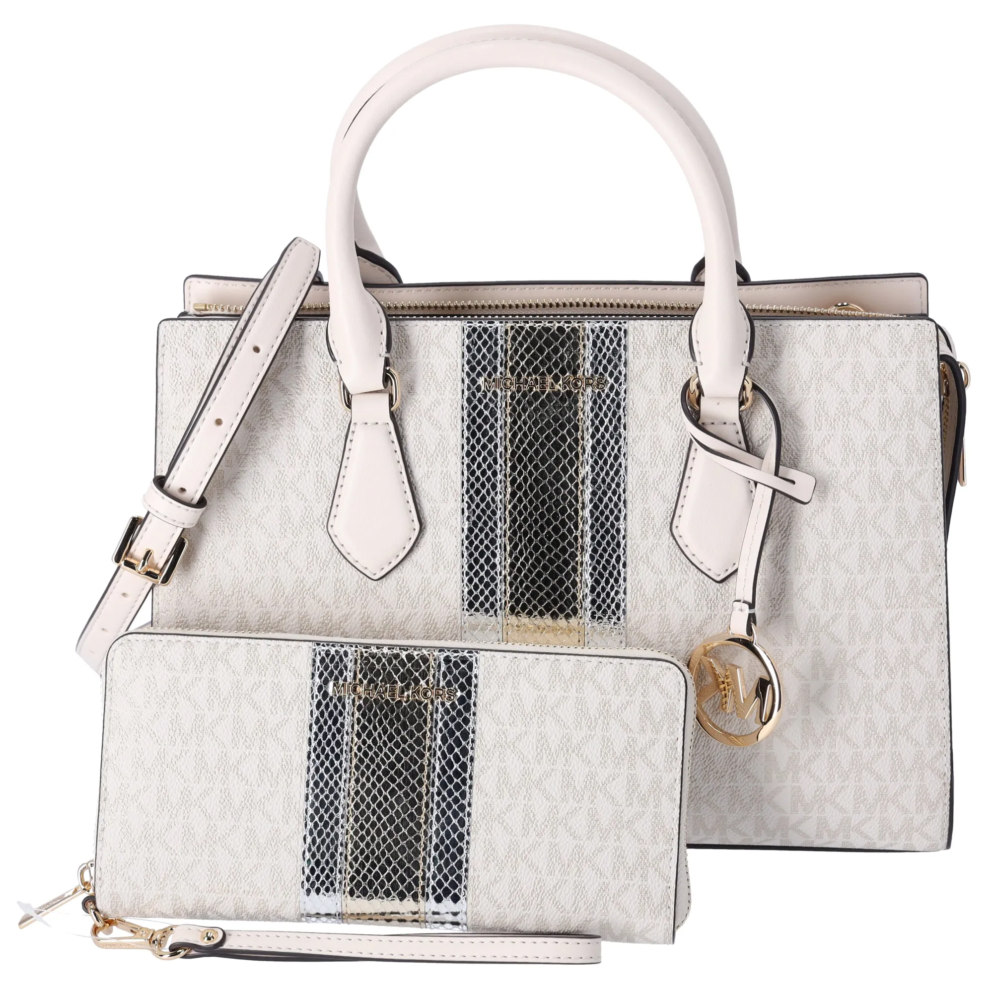 Michael Kors Sheila Medium Satchel Signature Logo Metallic MK Pale Gold + Wallet sold by Gaby's Bags
