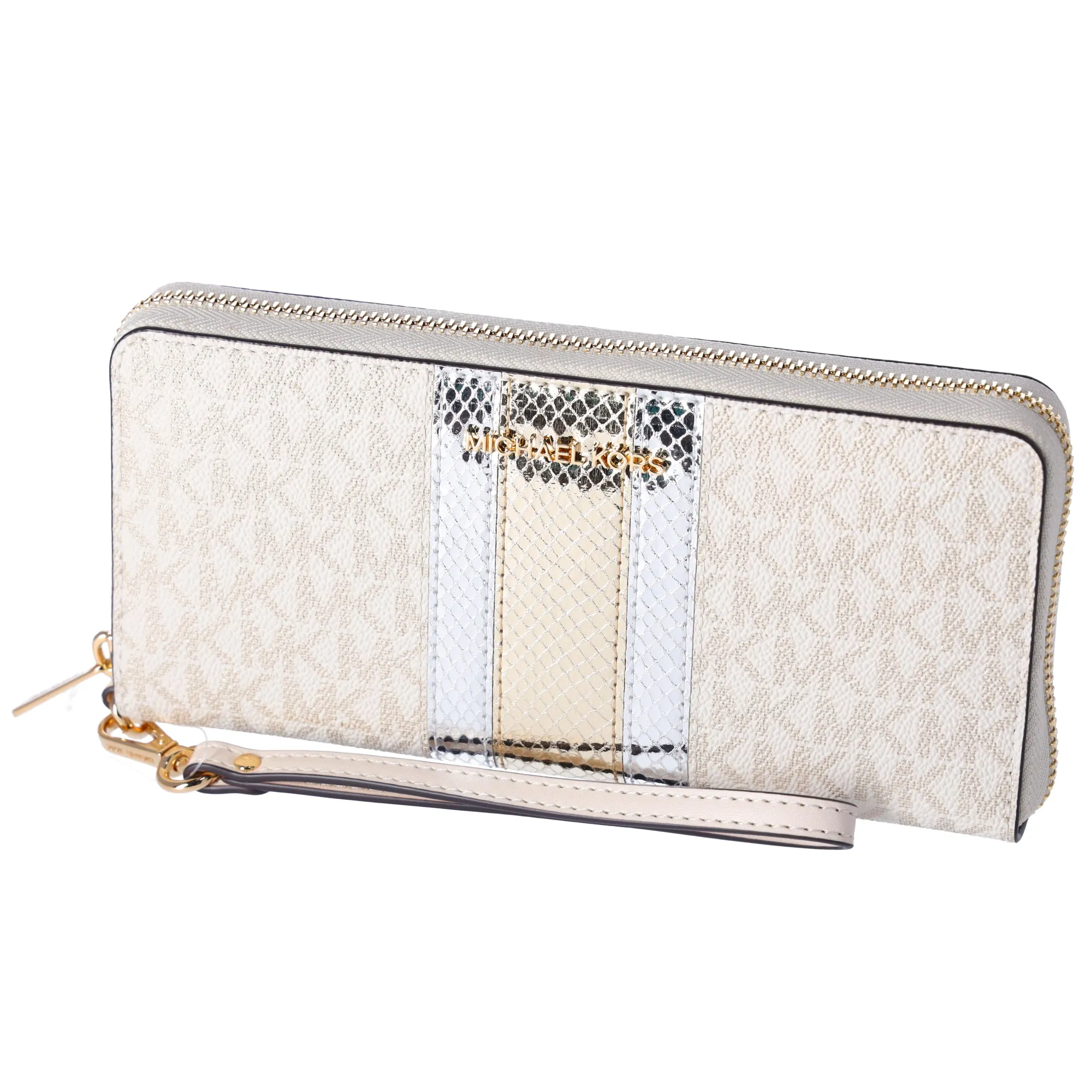 Michael Kors Jet Set Large Continental Wristlet Center Stripe MK Pale Gold sold by Gaby's Bags