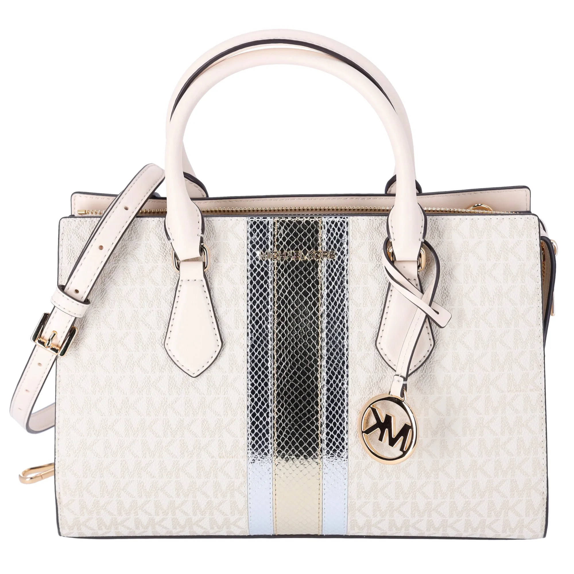 Michael Kors Sheila Medium Satchel Signature Logo Metallic MK Pale Gold sold by Gaby's Bags product image thumbnail 5