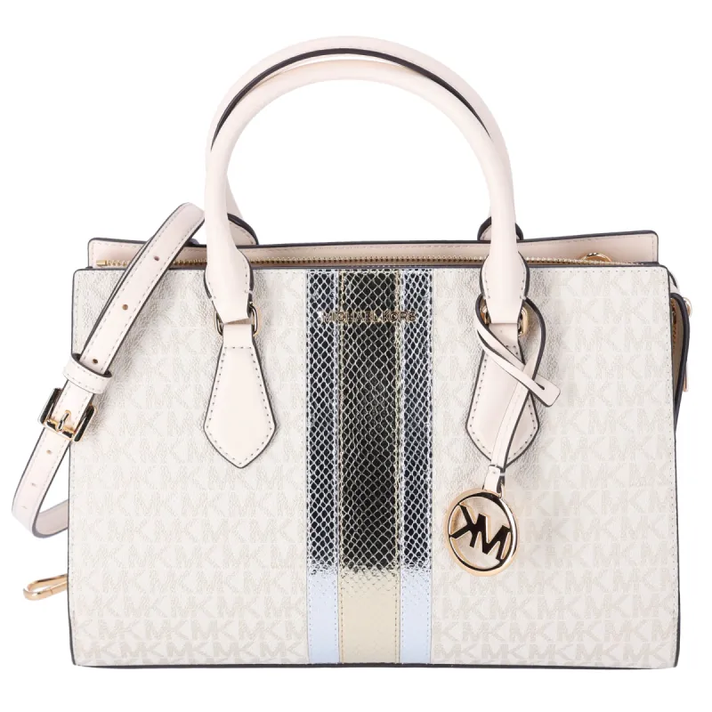 Michael Kors Sheila Medium Satchel Signature Logo Metallic MK  Pale Gold sold by Gaby's Bags