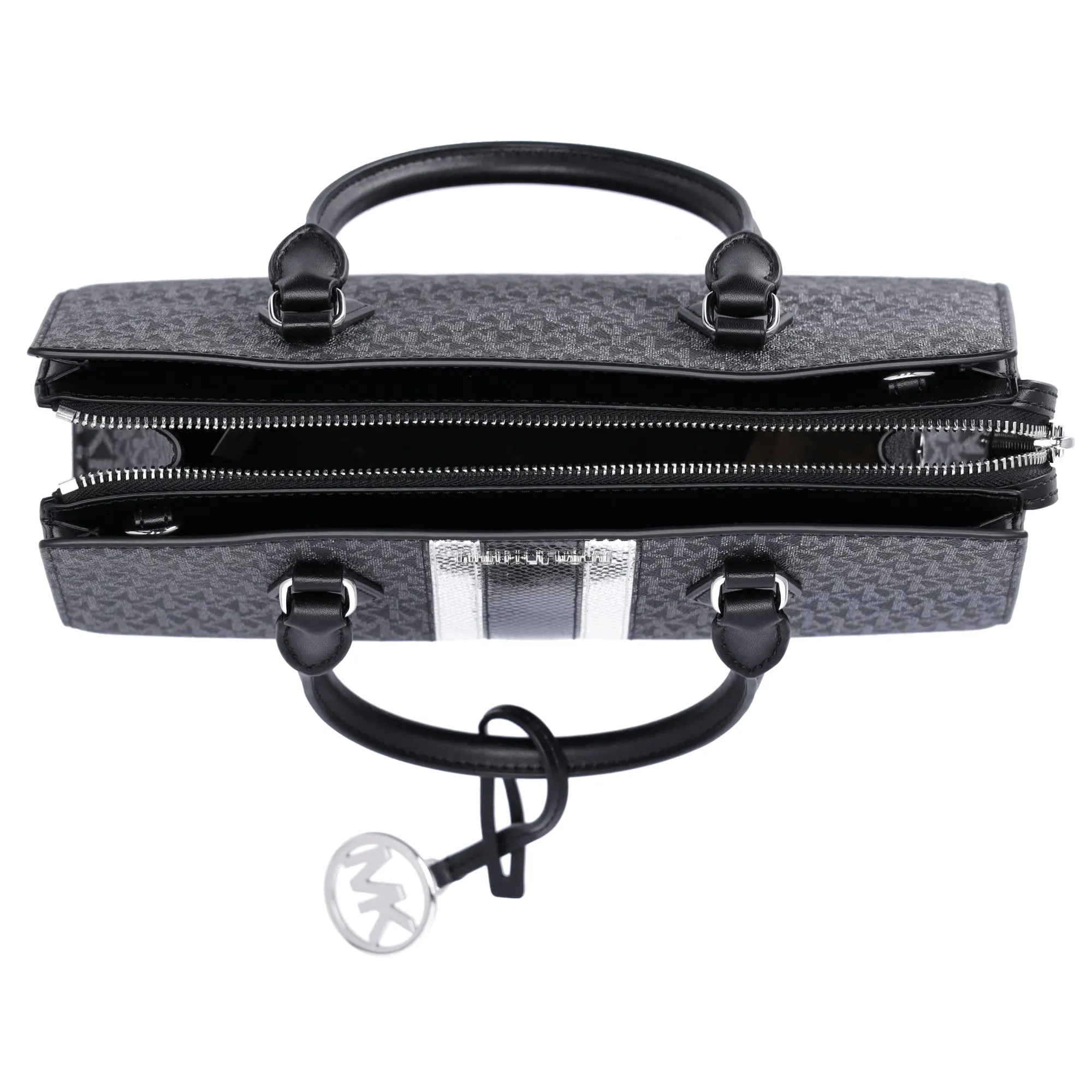 Michael Kors Sheila Medium Satchel Signature Logo MK Metallic Satchel Black sold by Gaby's Bags product image thumbnail 4