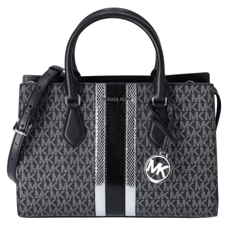 Michael Kors Sheila Medium Satchel Signature Logo MK Metallic Satchel Black sold by Gaby's Bags