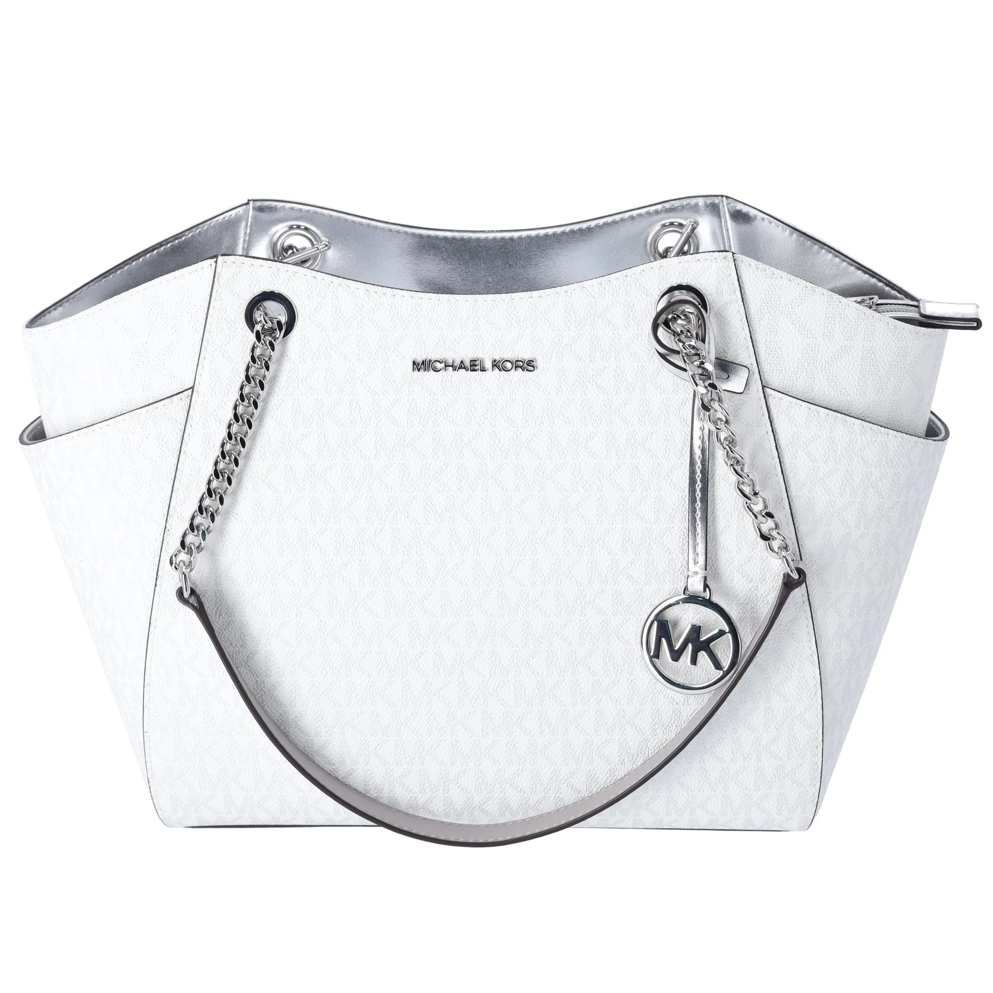 Michael Kors Jet Set Travel Large Chain Shoulder Tote White Silver MK Signature sold by Gaby's Bags