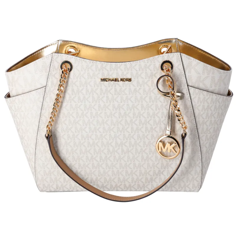 Michael Kors Jet Set Travel Large Chain Shoulder Tote Pale Gold MK Signature sold by Gaby's Bags