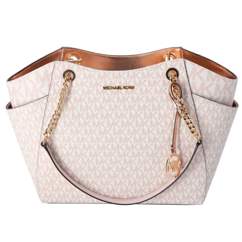 Michael Kors Jet Set Travel Large Chain Shoulder Tote Rose Gold MK Signature sold by Gaby's Bags