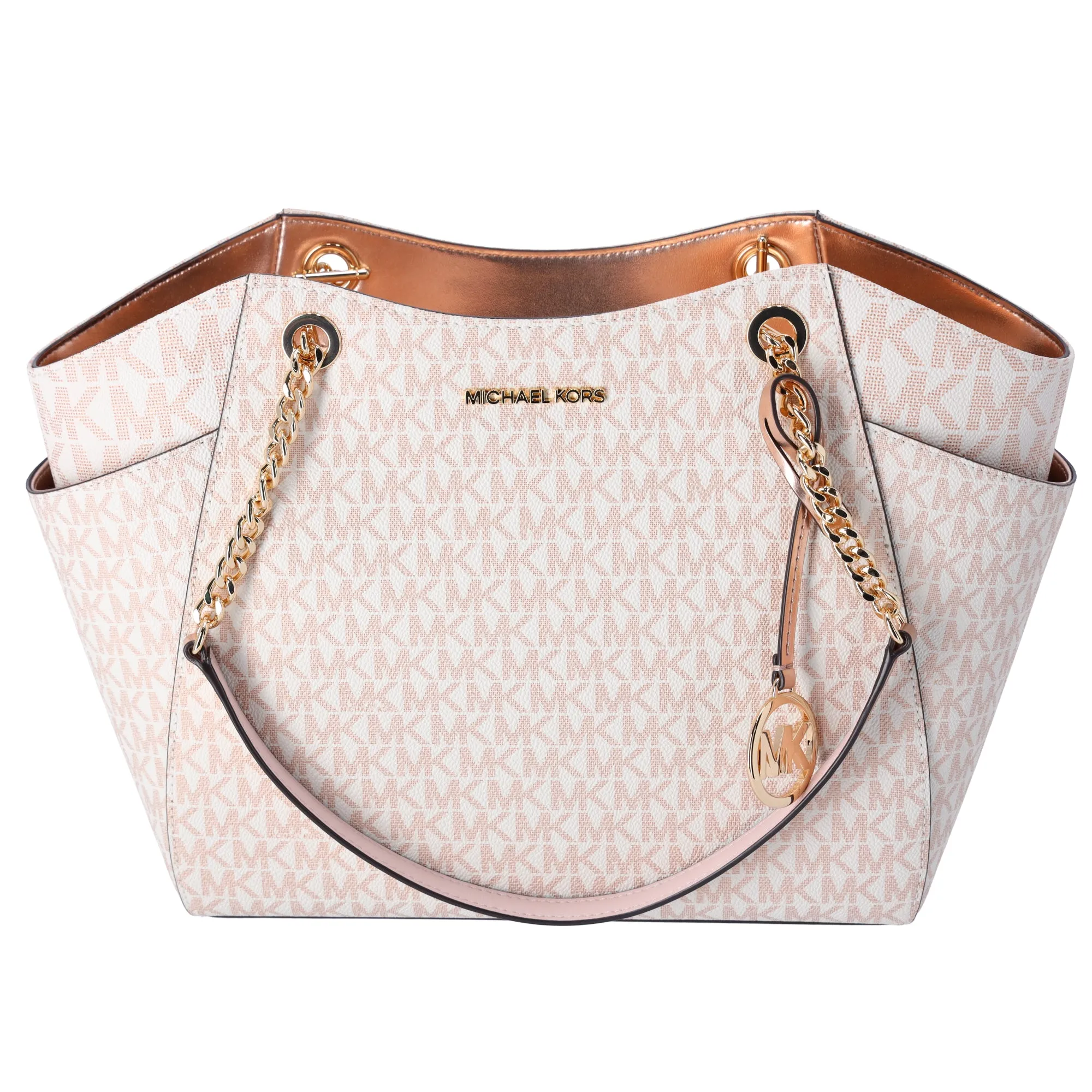 Michael Kors Jet Set Travel Large Chain Shoulder Tote Rose Gold MK Signature sold by Gaby's Bags