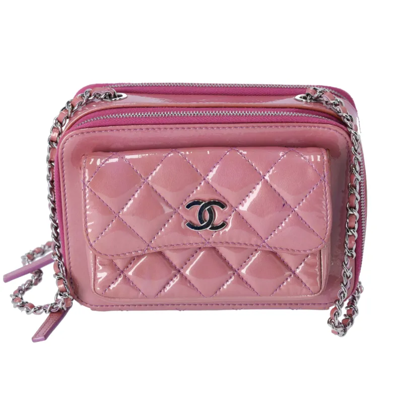 CHANEL Double Zip Camera Bag Crossbody Pink Quilted Patent Leather made by Gaby's Bags